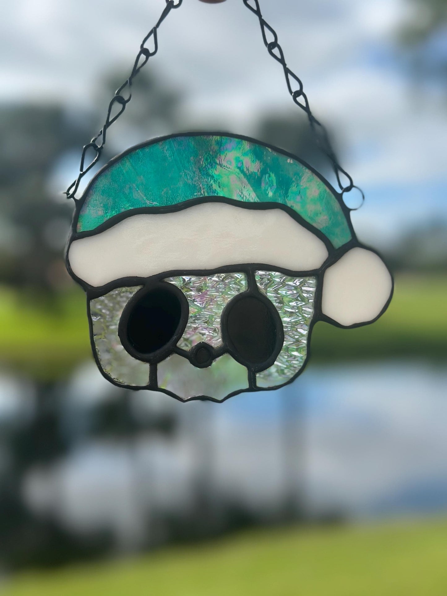 Holiday Skull Stained Glass – Gothic Christmas Suncatcher with Santa Hat | Creepy Cute Holiday Decor