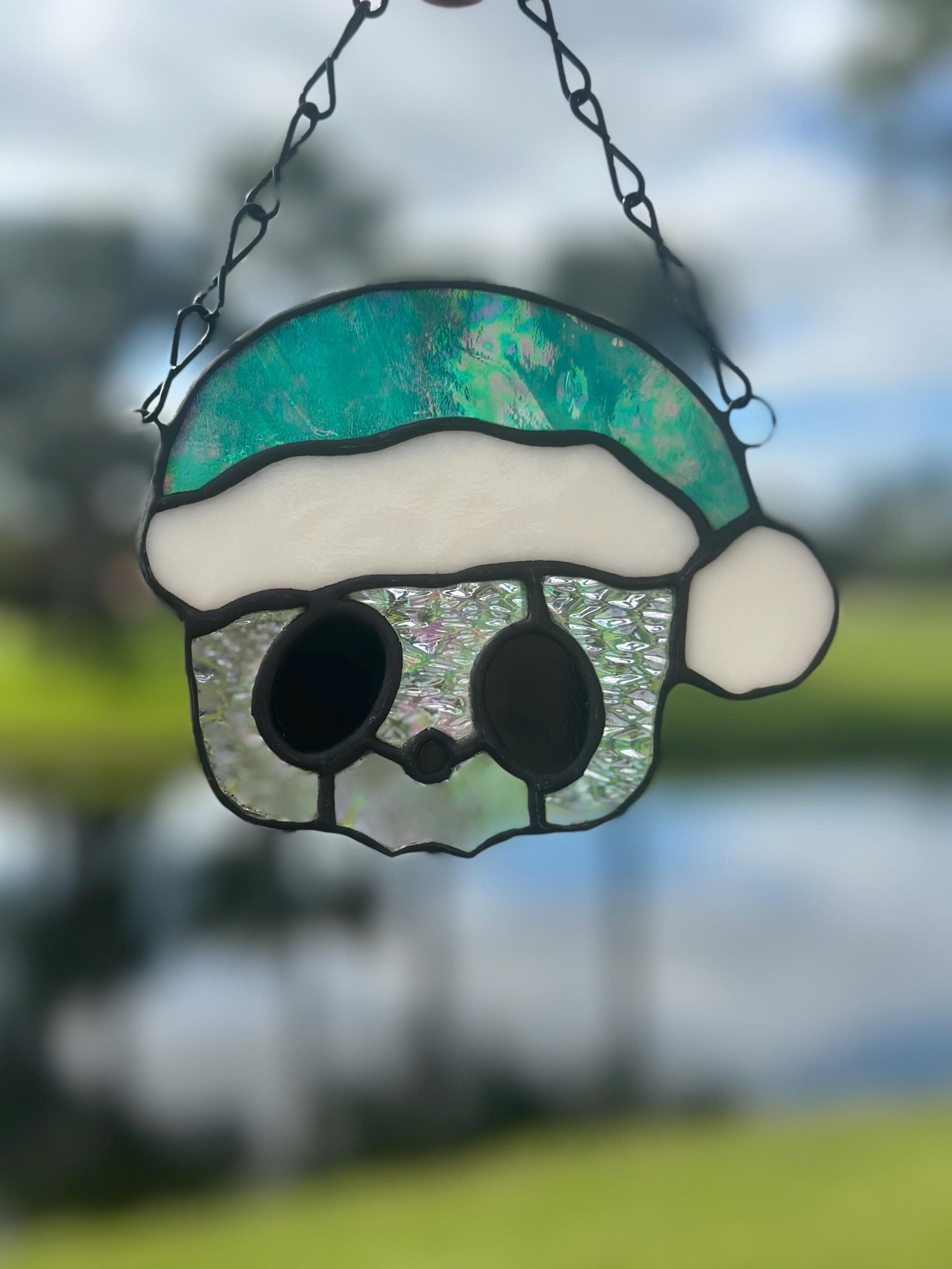 Holiday Skull Stained Glass – Gothic Christmas Suncatcher with Santa Hat | Creepy Cute Holiday Decor