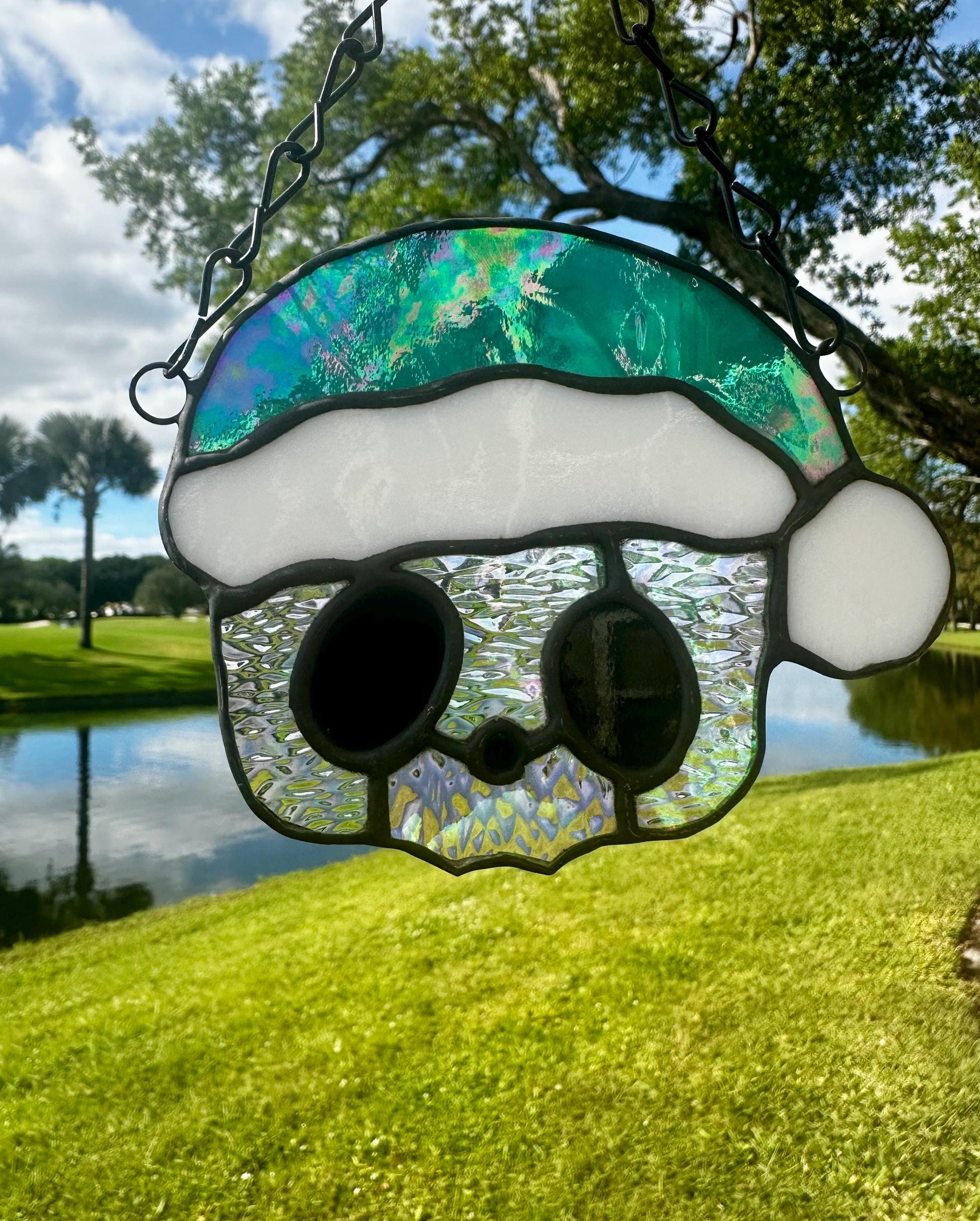 Holiday Skull Stained Glass – Gothic Christmas Suncatcher with Santa Hat | Creepy Cute Holiday Decor
