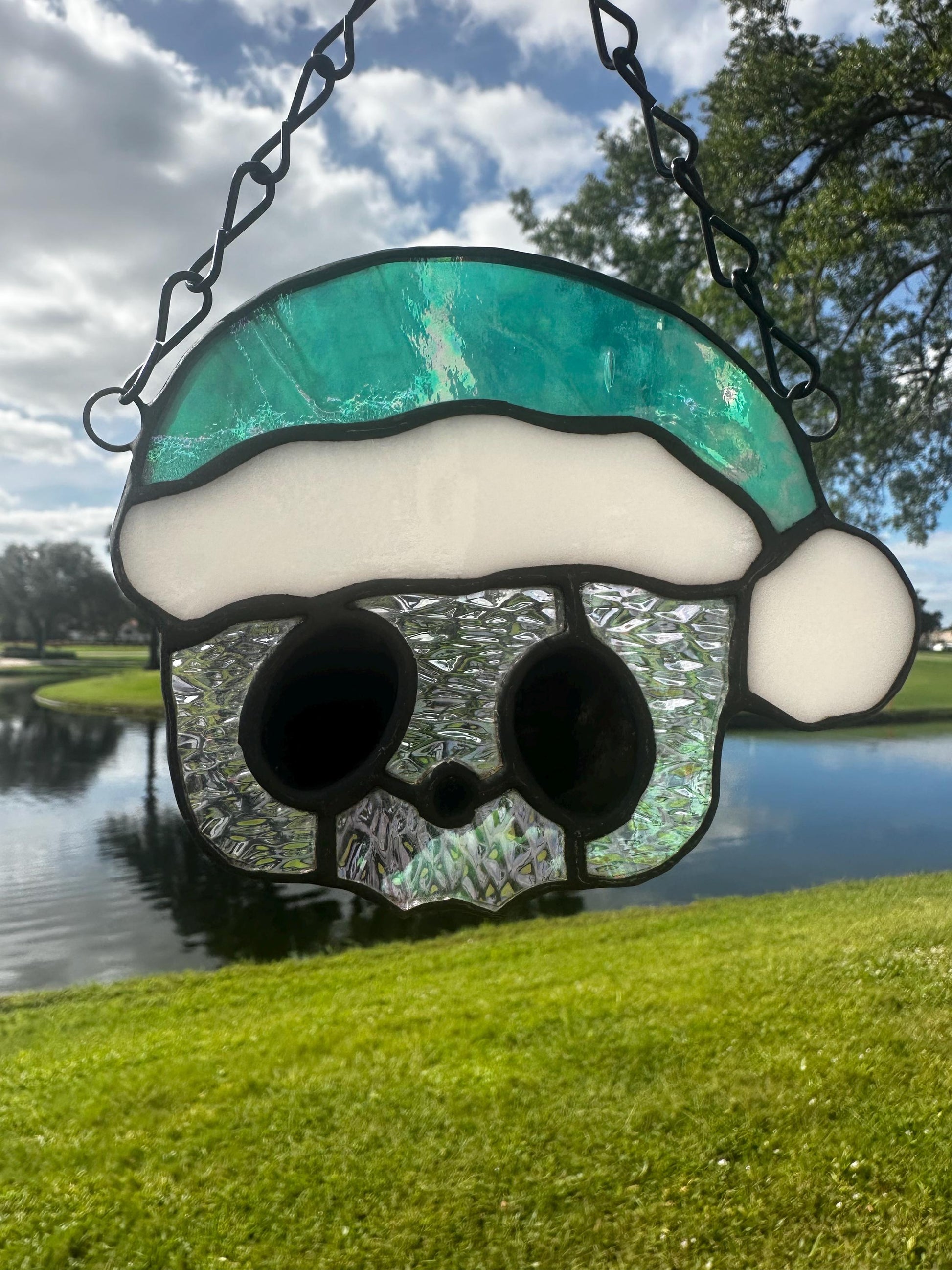 Holiday Skull Stained Glass – Gothic Christmas Suncatcher with Santa Hat | Creepy Cute Holiday Decor
