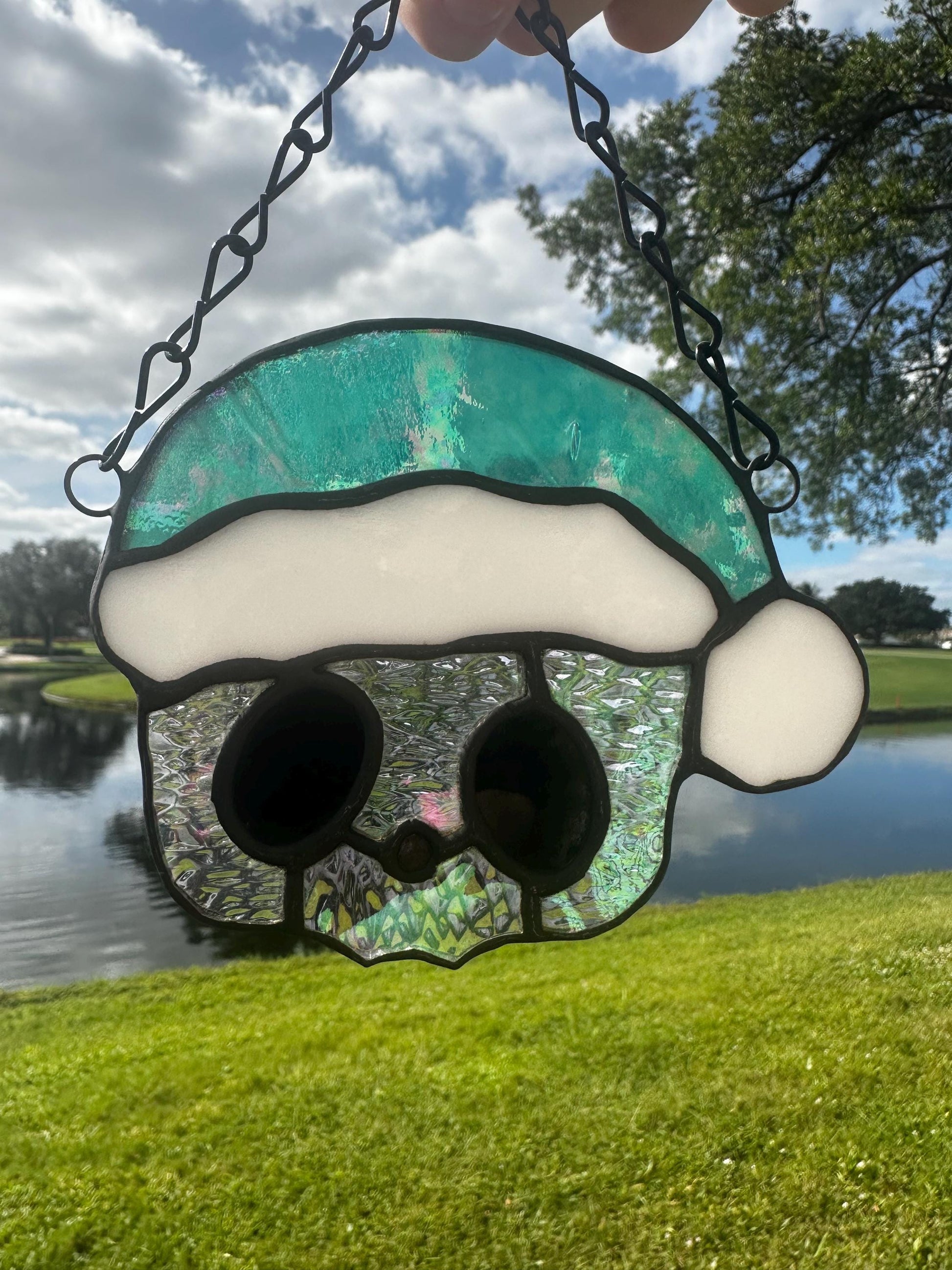 Holiday Skull Stained Glass – Gothic Christmas Suncatcher with Santa Hat | Creepy Cute Holiday Decor
