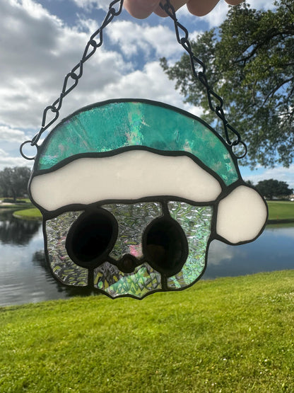 Holiday Skull Stained Glass – Gothic Christmas Suncatcher with Santa Hat | Creepy Cute Holiday Decor