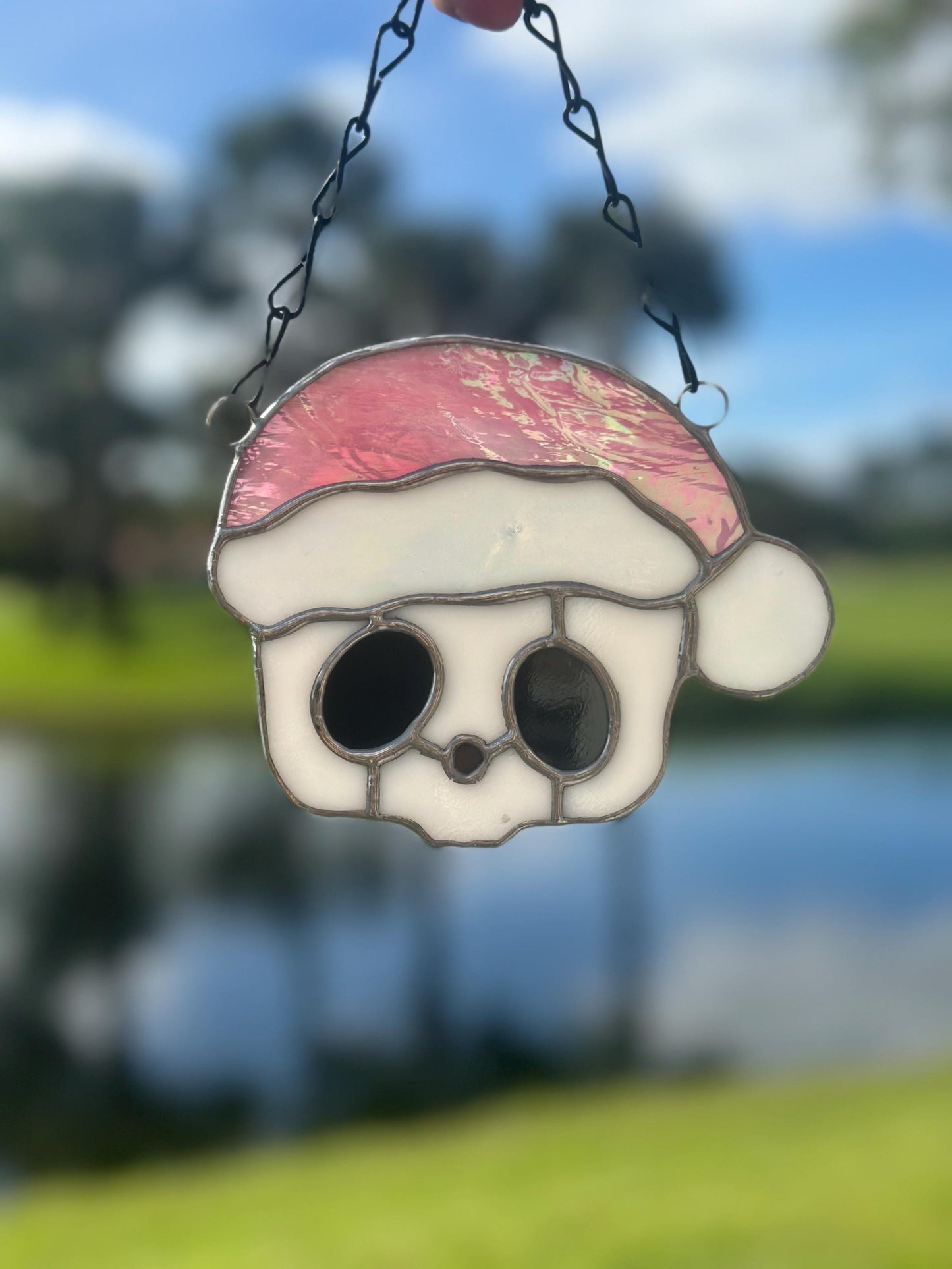 Pink Santa Skull Stained Glass – Gothic Christmas Suncatcher | Creepy Cute Holiday Decor