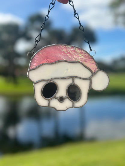 Pink Santa Skull Stained Glass – Gothic Christmas Suncatcher | Creepy Cute Holiday Decor
