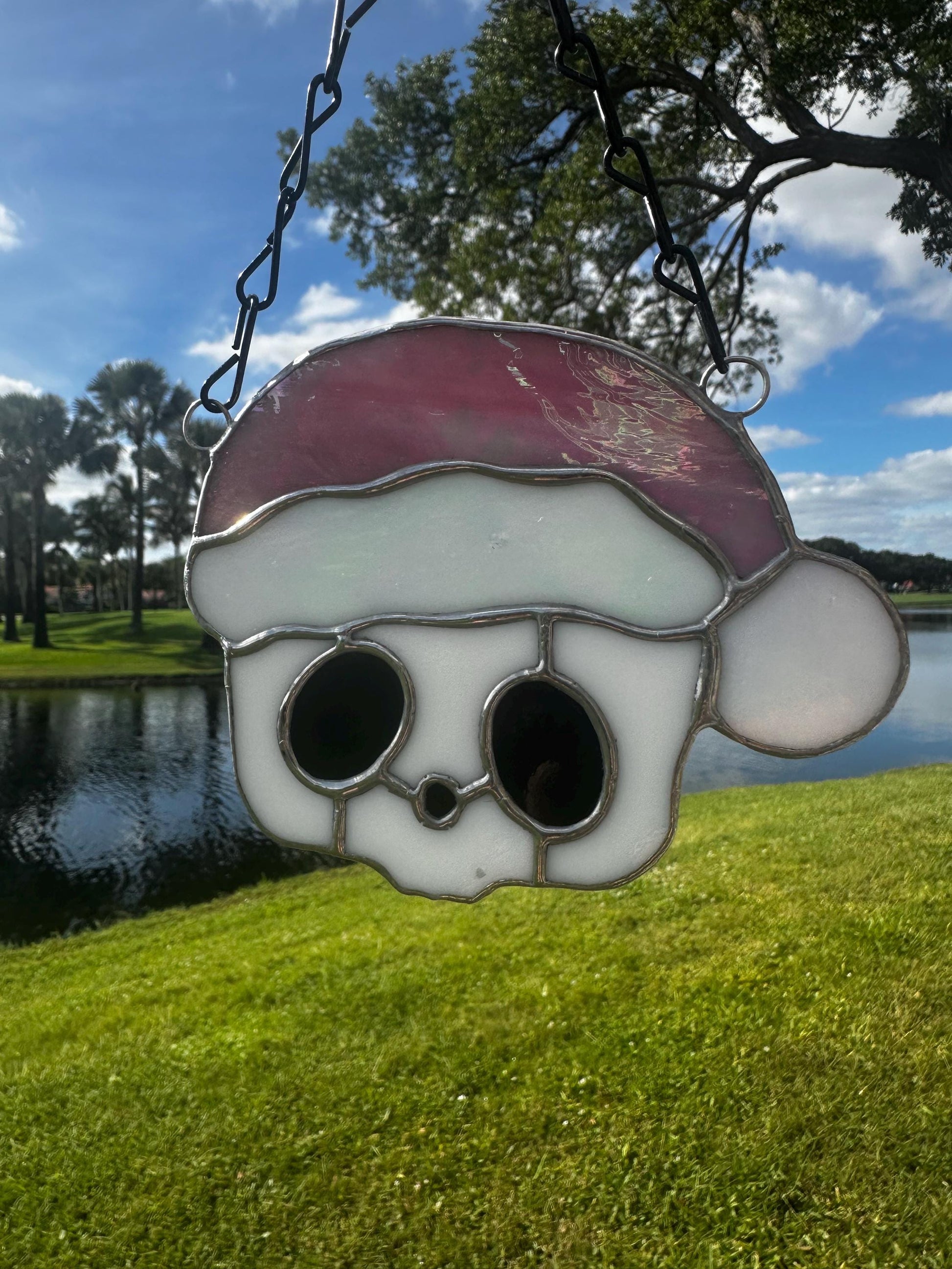 Pink Santa Skull Stained Glass – Gothic Christmas Suncatcher | Creepy Cute Holiday Decor