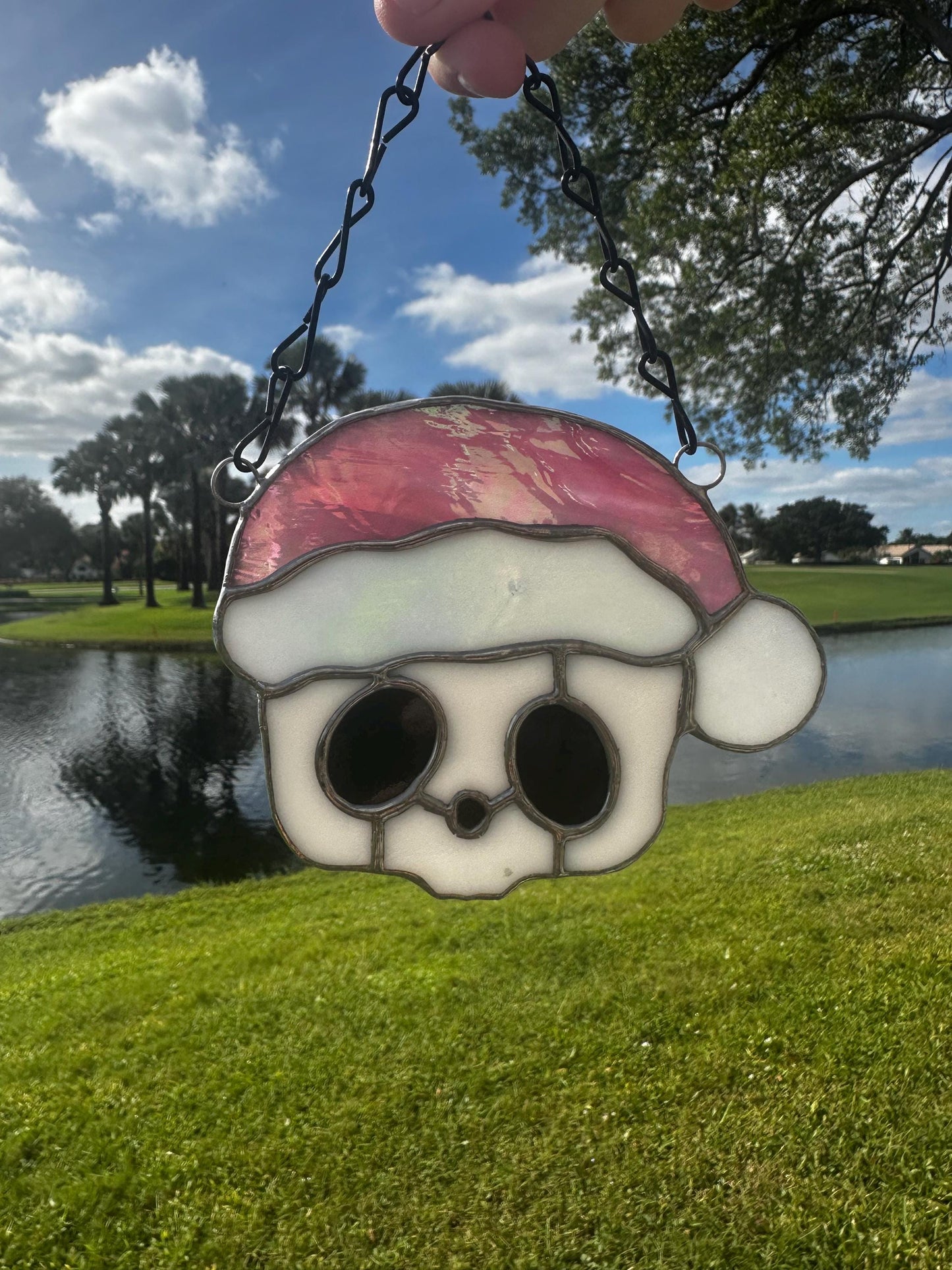Pink Santa Skull Stained Glass – Gothic Christmas Suncatcher | Creepy Cute Holiday Decor