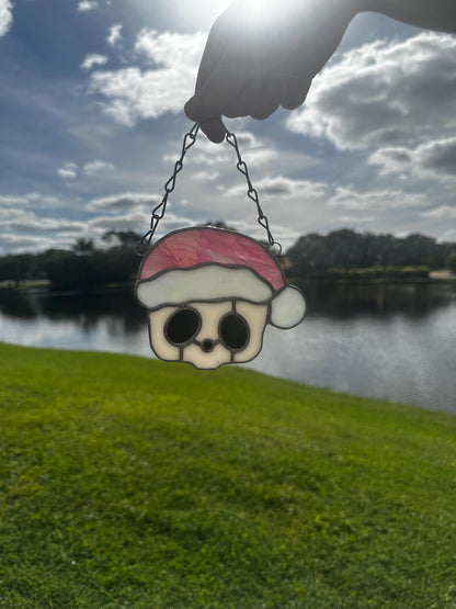 Pink Santa Skull Stained Glass – Gothic Christmas Suncatcher | Creepy Cute Holiday Decor