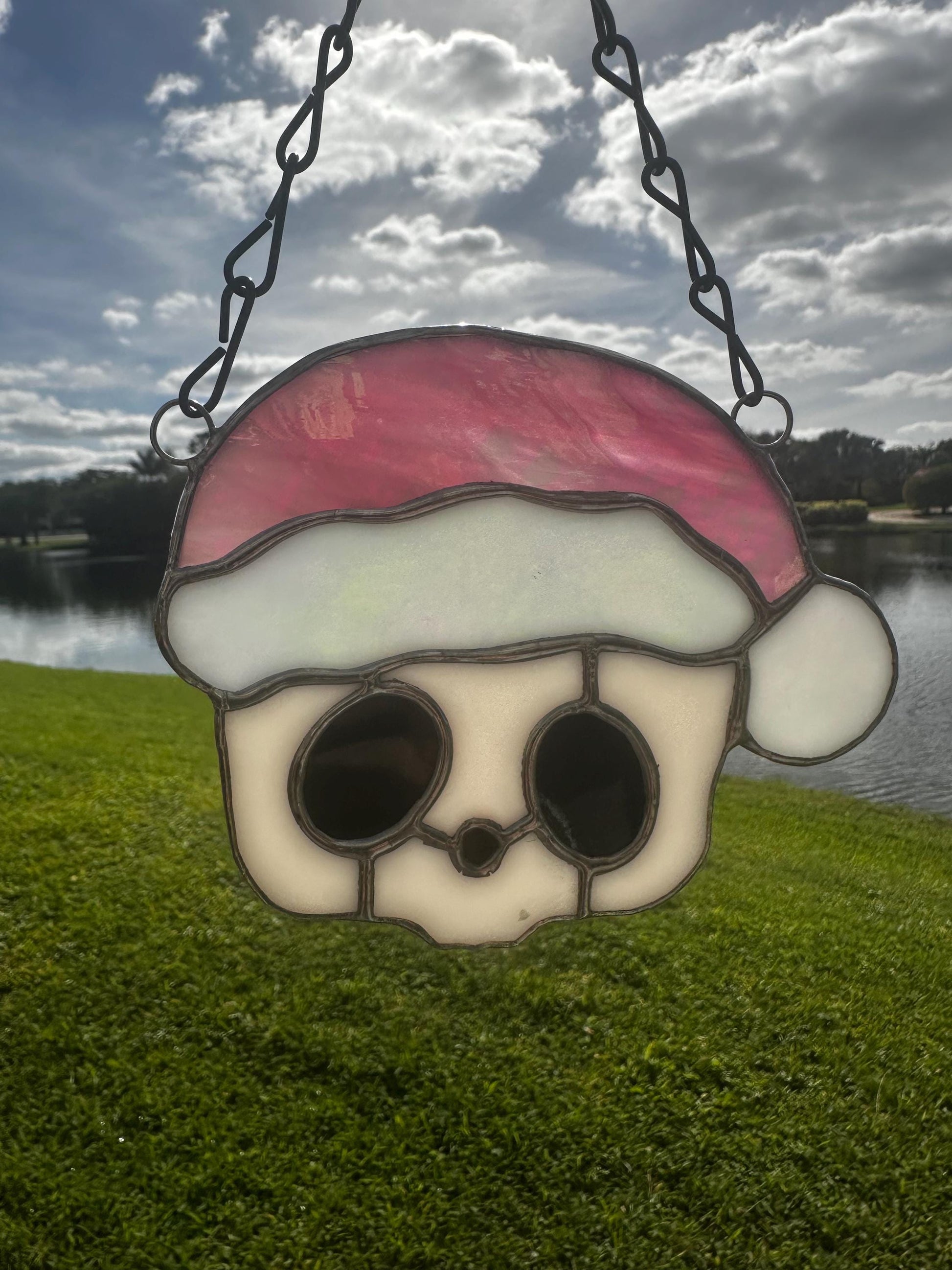 Pink Santa Skull Stained Glass – Gothic Christmas Suncatcher | Creepy Cute Holiday Decor