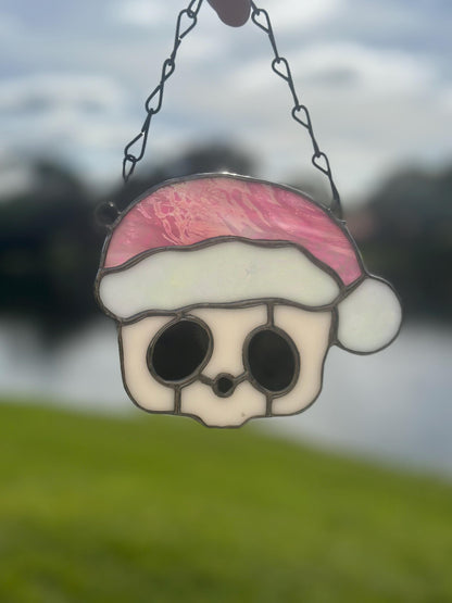 Pink Santa Skull Stained Glass – Gothic Christmas Suncatcher | Creepy Cute Holiday Decor