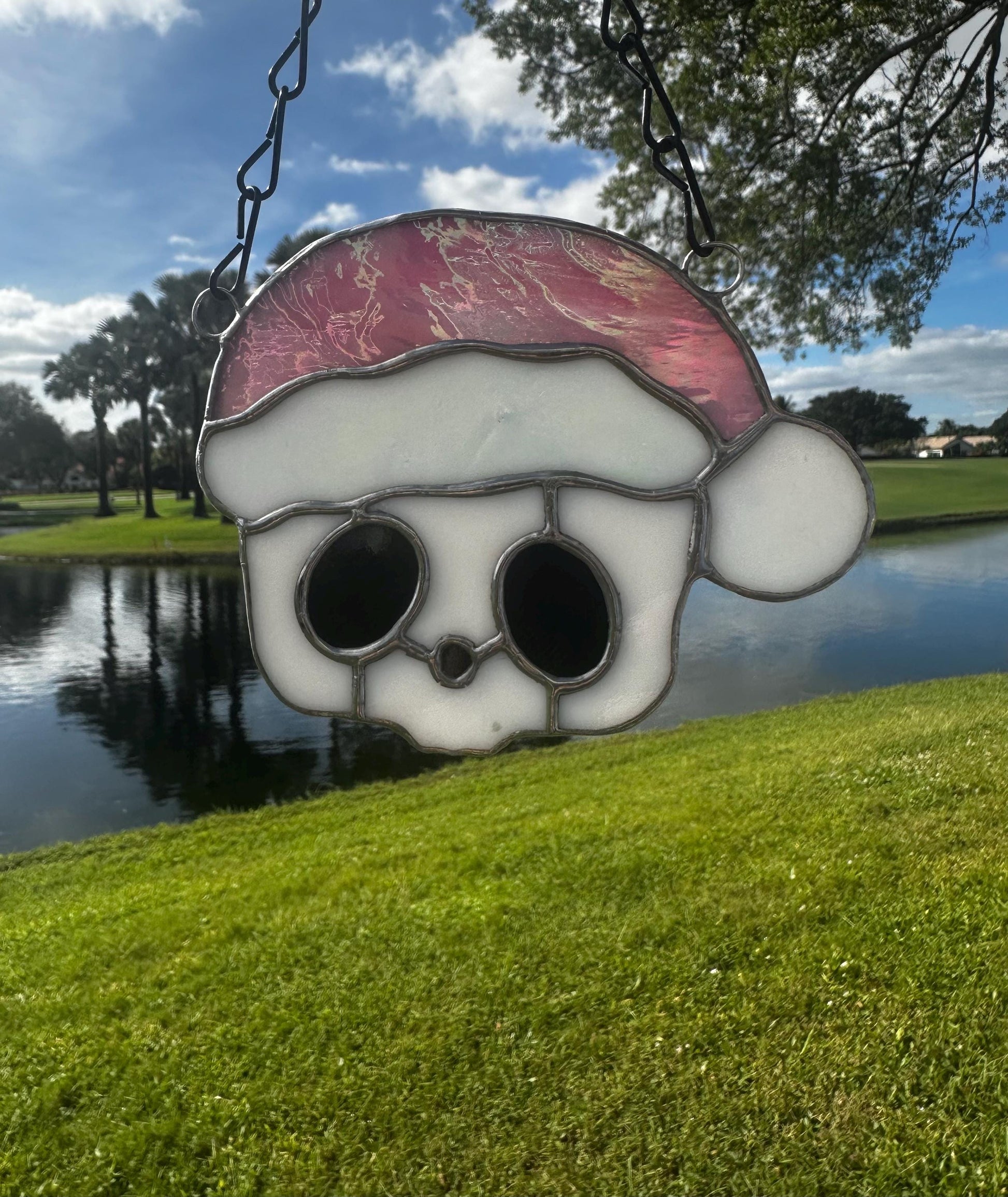 Pink Santa Skull Stained Glass – Gothic Christmas Suncatcher | Creepy Cute Holiday Decor