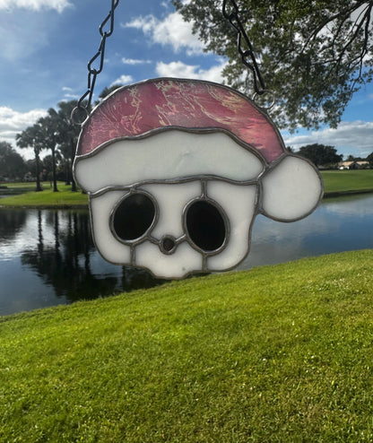 Pink Santa Skull Stained Glass – Gothic Christmas Suncatcher | Creepy Cute Holiday Decor