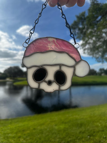 Pink Santa Skull Stained Glass – Gothic Christmas Suncatcher | Creepy Cute Holiday Decor