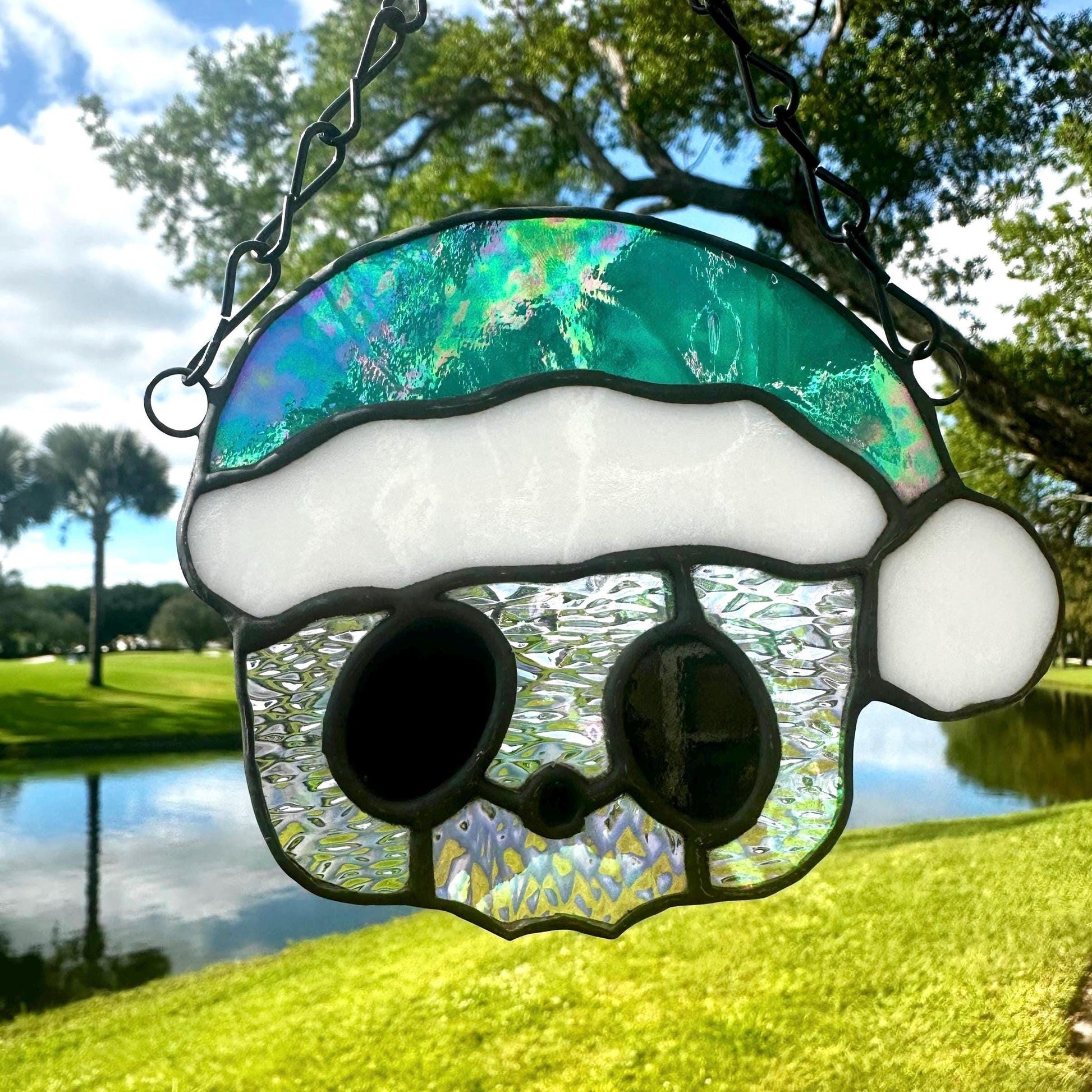 Holiday Skull Stained Glass – Gothic Christmas Suncatcher with Santa Hat | Creepy Cute Holiday Decor