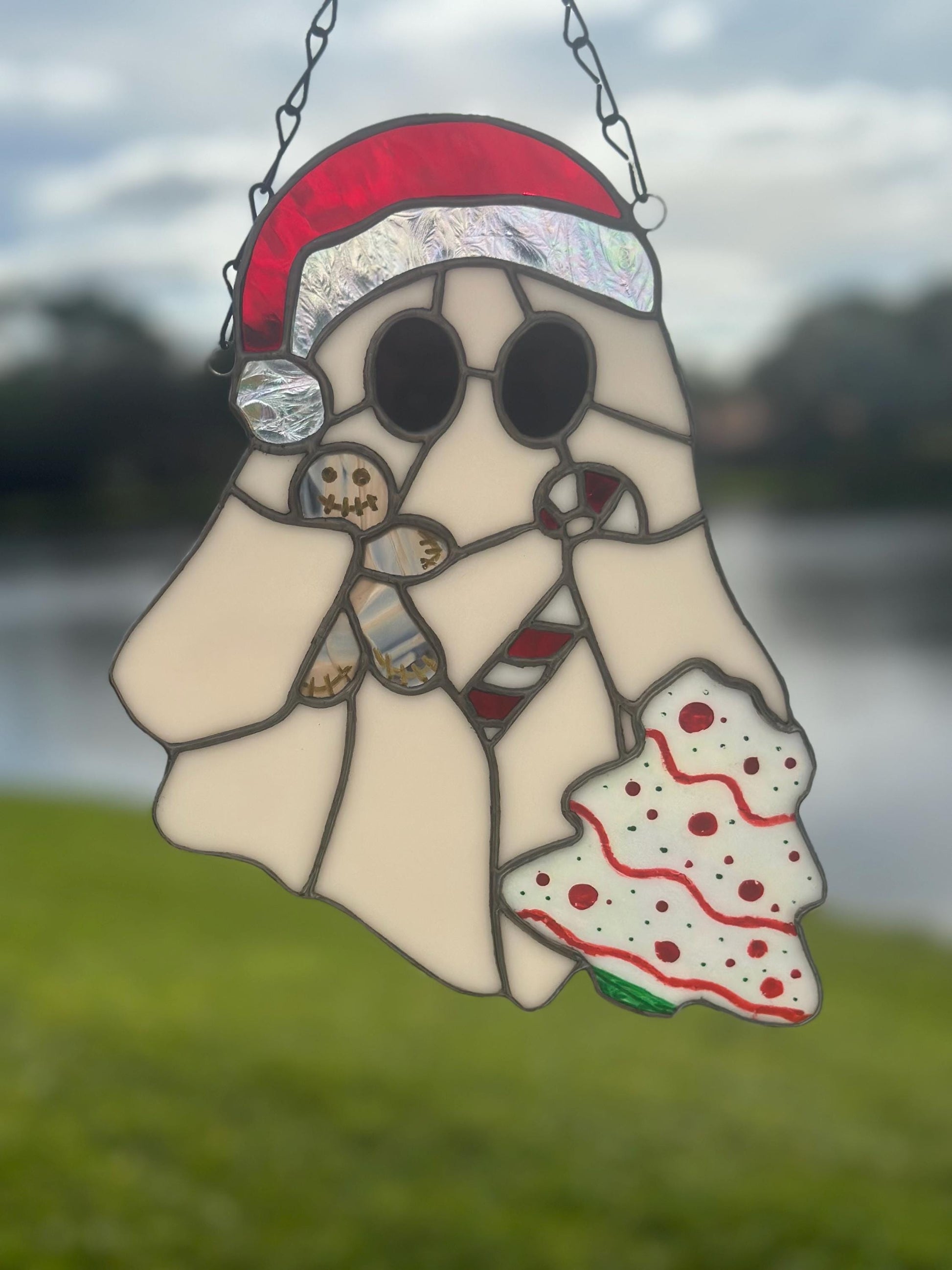 Christmas Ghost Stained Glass – Gothic Holiday Suncatcher, Creepy Cute Christmas Window Decor