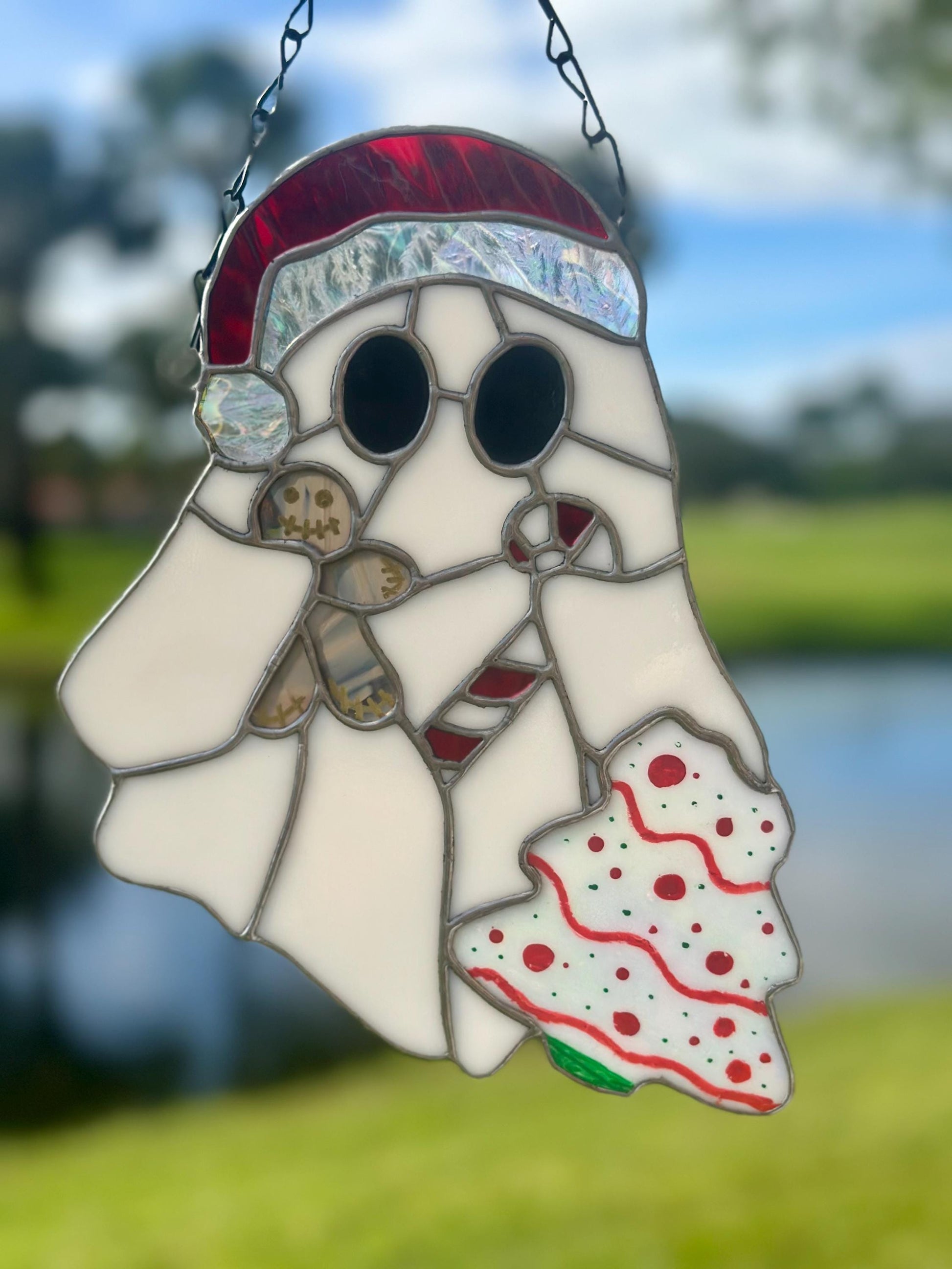 Christmas Ghost Stained Glass – Gothic Holiday Suncatcher, Creepy Cute Christmas Window Decor