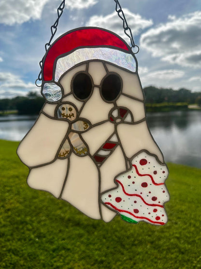 Christmas Ghost Stained Glass – Gothic Holiday Suncatcher, Creepy Cute Christmas Window Decor