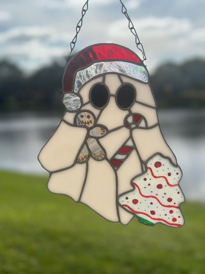 Christmas Ghost Stained Glass – Gothic Holiday Suncatcher, Creepy Cute Christmas Window Decor