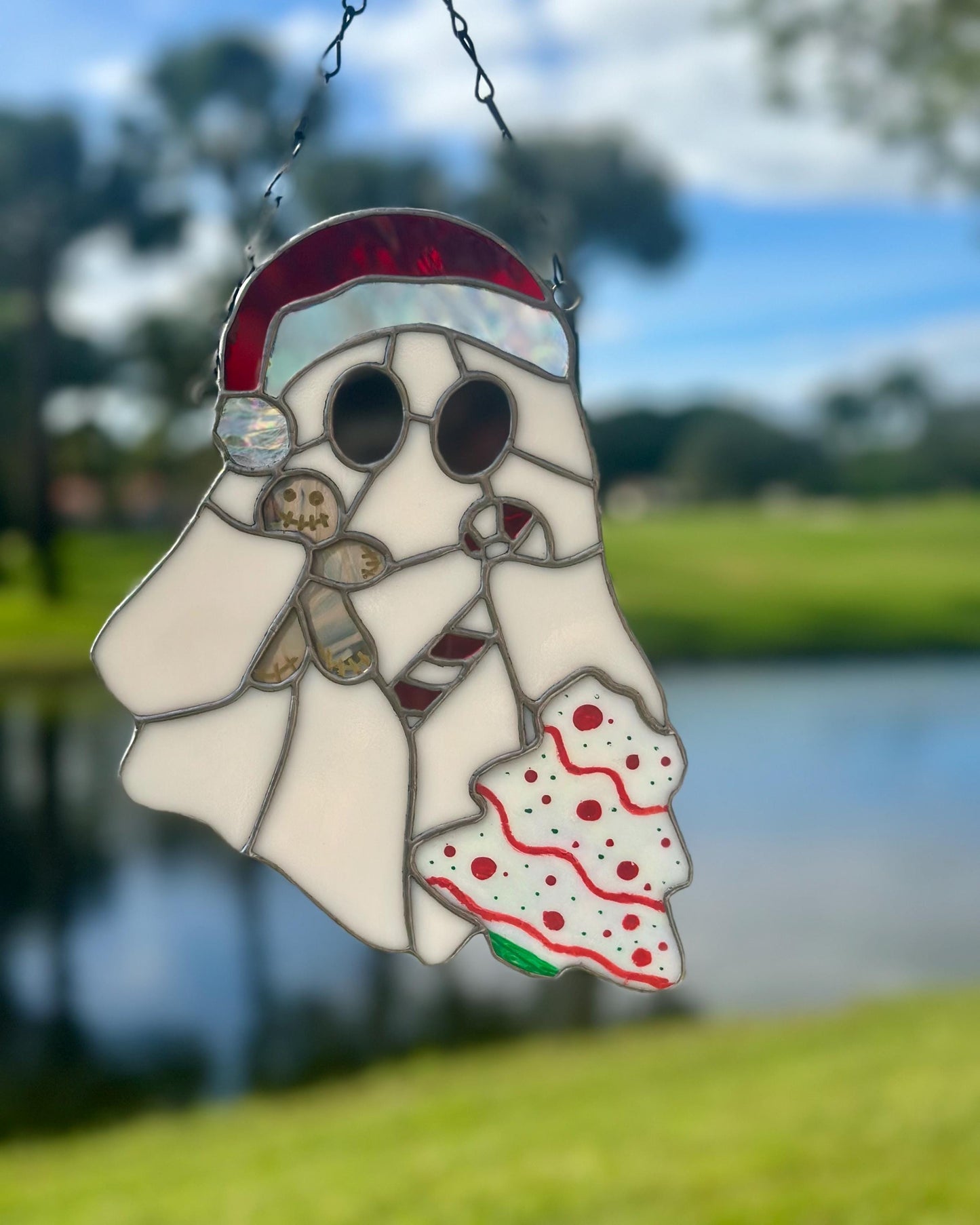 Christmas Ghost Stained Glass – Gothic Holiday Suncatcher, Creepy Cute Christmas Window Decor