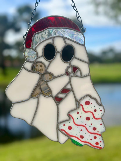 Christmas Ghost Stained Glass – Gothic Holiday Suncatcher, Creepy Cute Christmas Window Decor