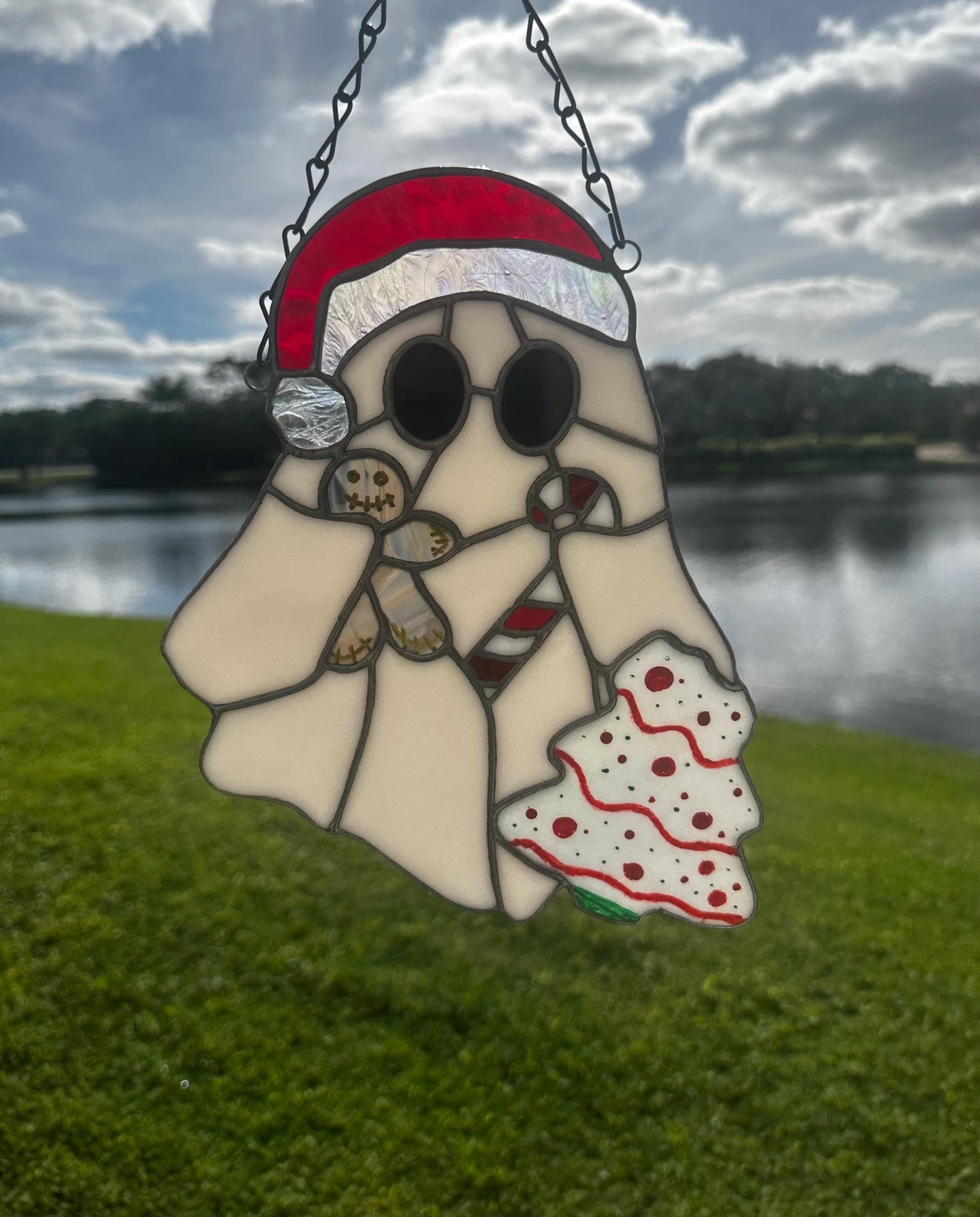 Christmas Ghost Stained Glass – Gothic Holiday Suncatcher, Creepy Cute Christmas Window Decor
