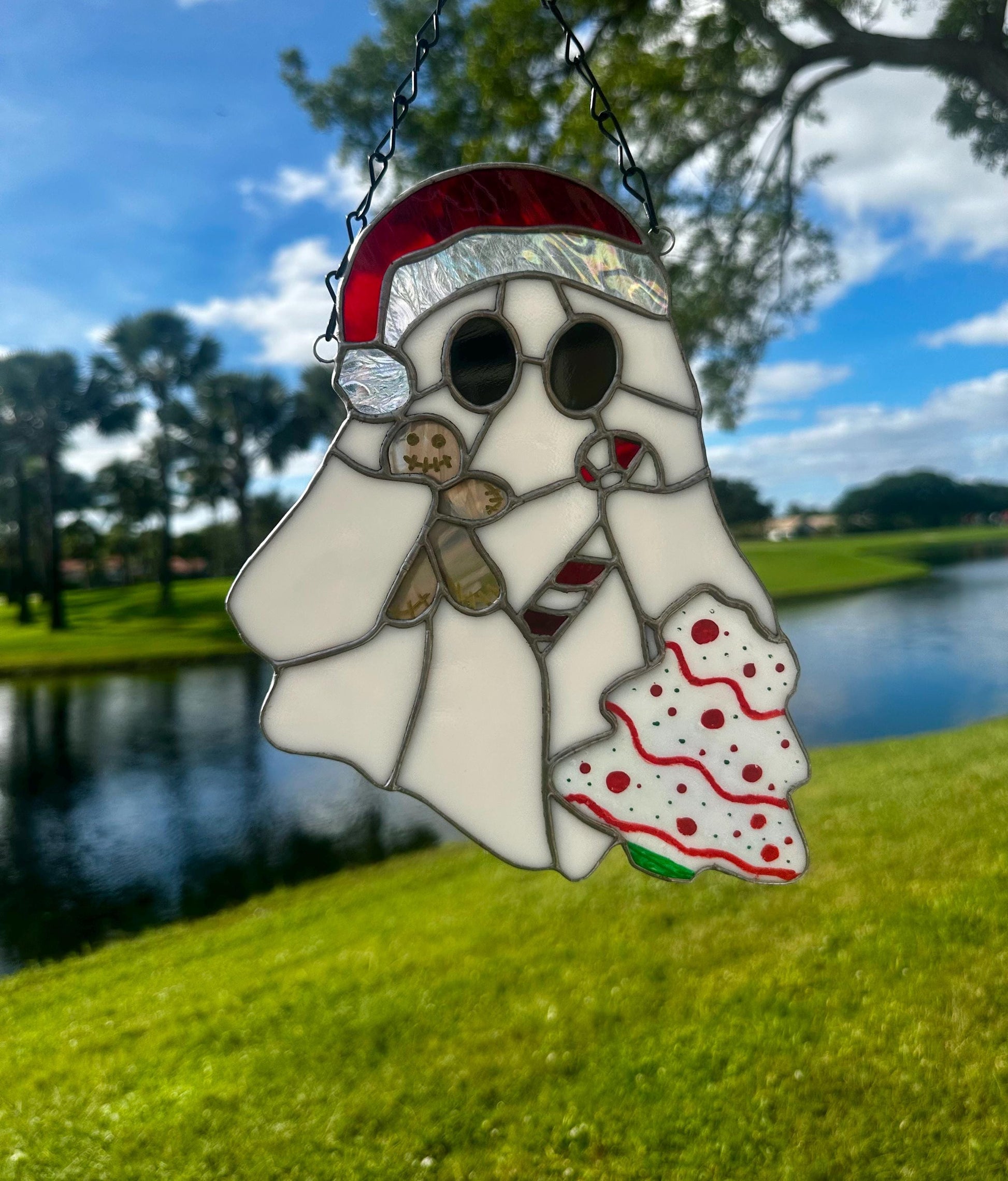 Christmas Ghost Stained Glass – Gothic Holiday Suncatcher, Creepy Cute Christmas Window Decor