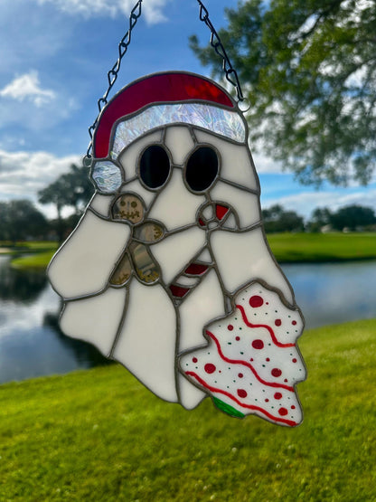 Christmas Ghost Stained Glass – Gothic Holiday Suncatcher, Creepy Cute Christmas Window Decor