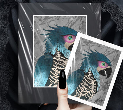 Skeleton Parrot Art Print – Gothic Bird Wall Art, Spooky Tropical Decor