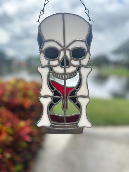Stained Glass Memento Mori Skull Hourglass — Gothic Home Decor Suncatcher