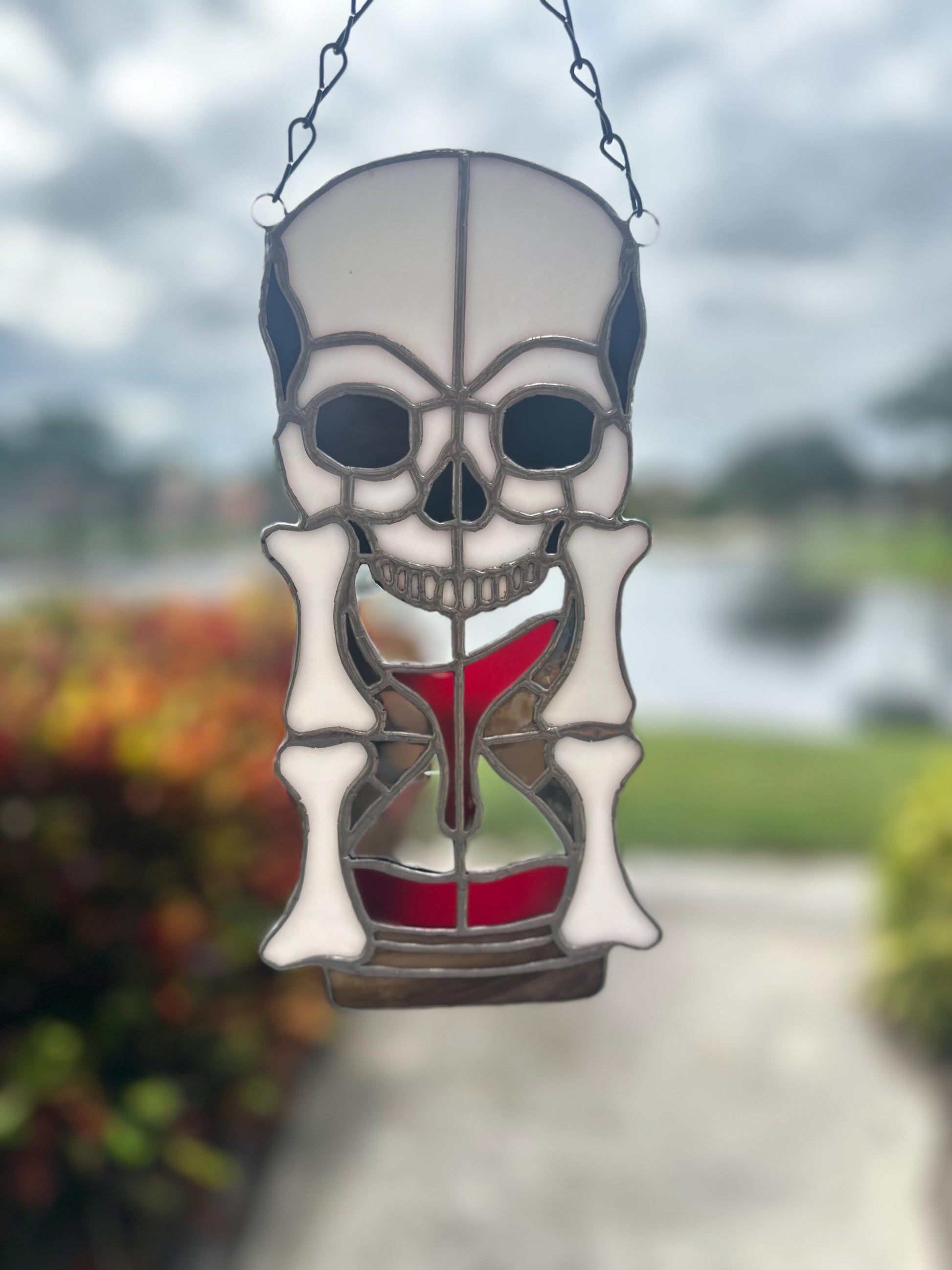 Stained Glass Memento Mori Skull Hourglass — Gothic Home Decor Suncatcher