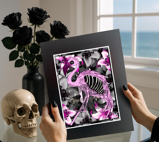 Gothic Flamingo Art Print – Pink Skeleton, Horror-Glam Decor