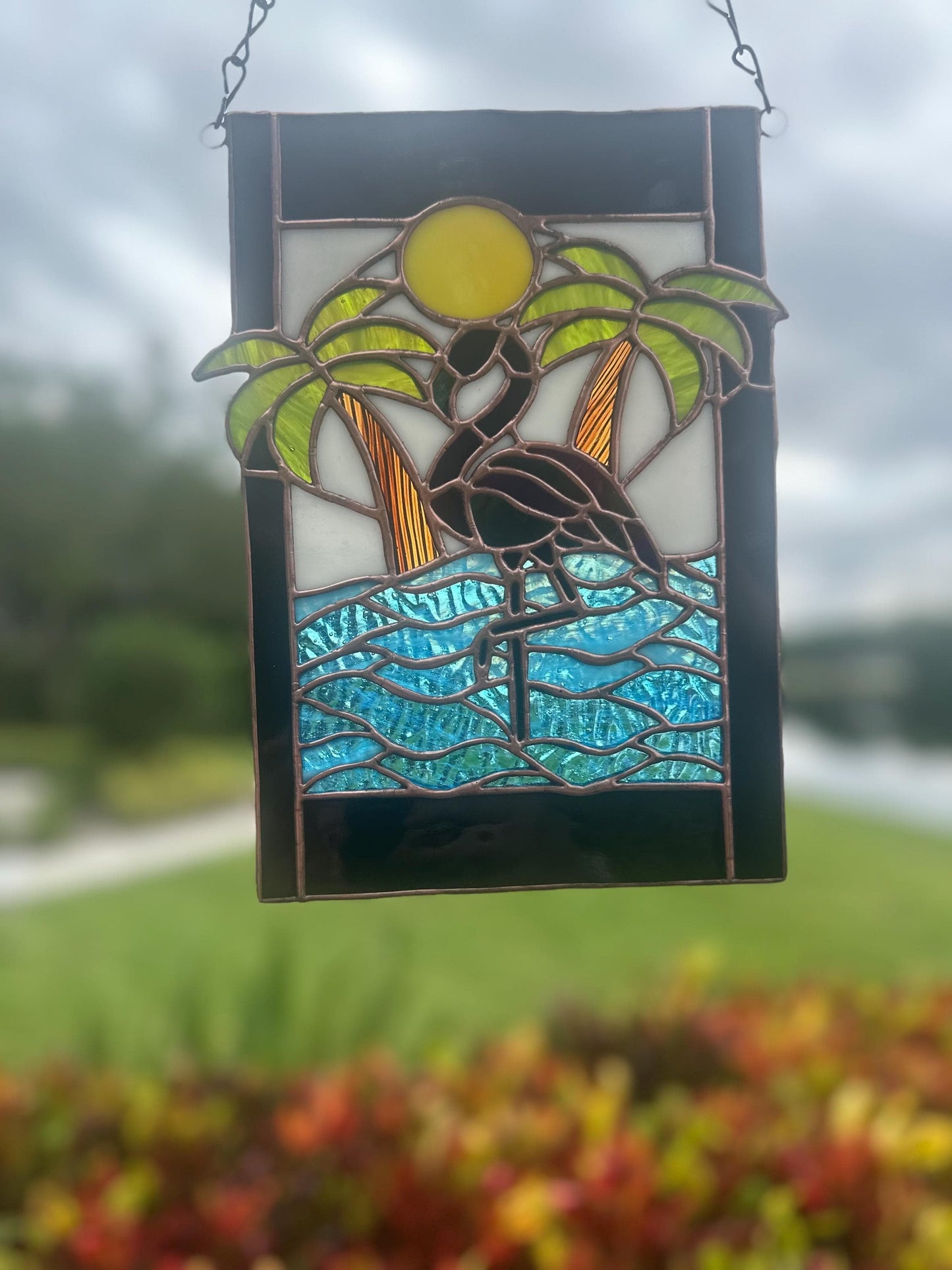 Tropical Black Flamingo Stained Glass Sun Catcher, Hand-Crafted Coastal Window Art
