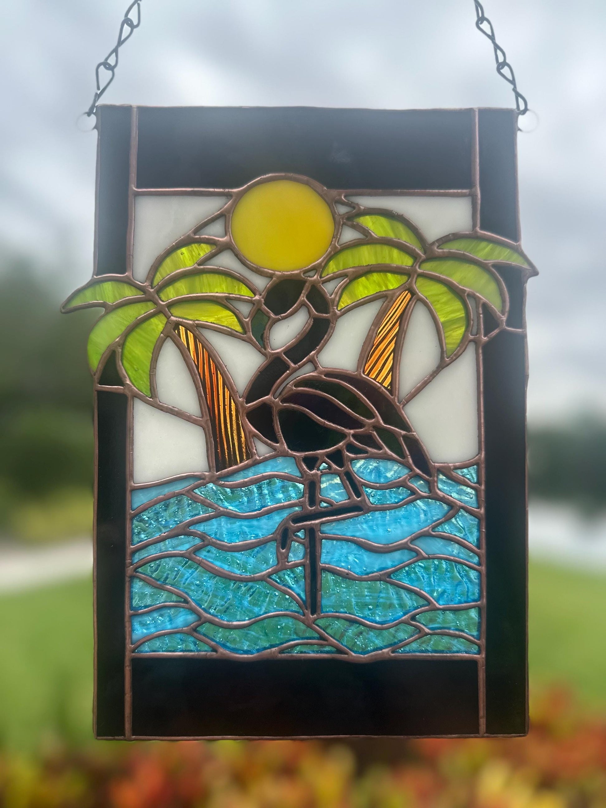 Tropical Black Flamingo Stained Glass Sun Catcher, Hand-Crafted Coastal Window Art