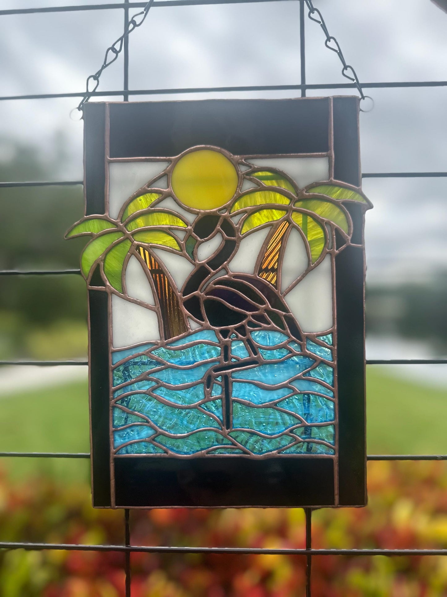 Tropical Black Flamingo Stained Glass Sun Catcher, Hand-Crafted Coastal Window Art