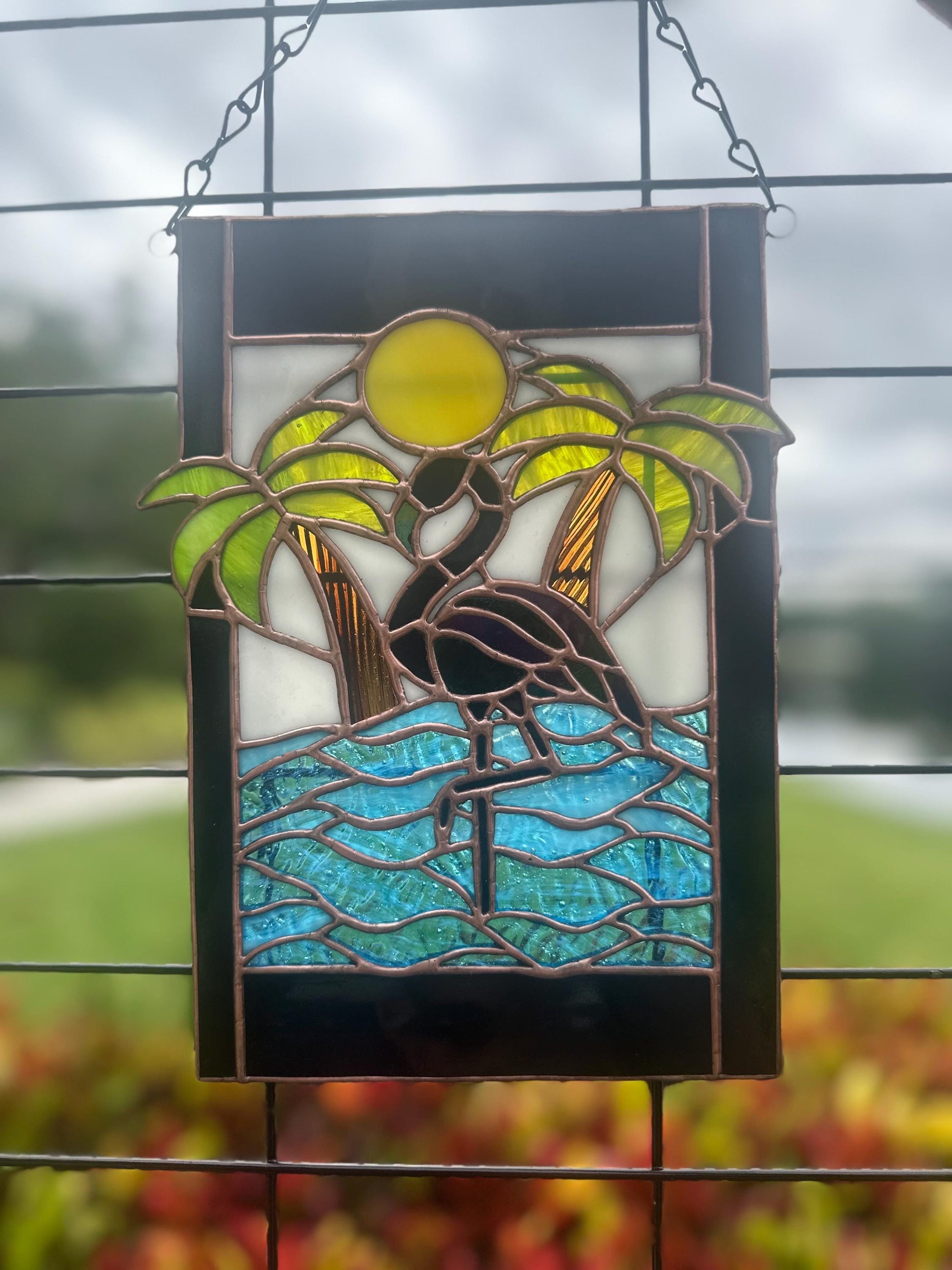 Tropical Black Flamingo Stained Glass Sun Catcher, Hand-Crafted Coastal Window Art