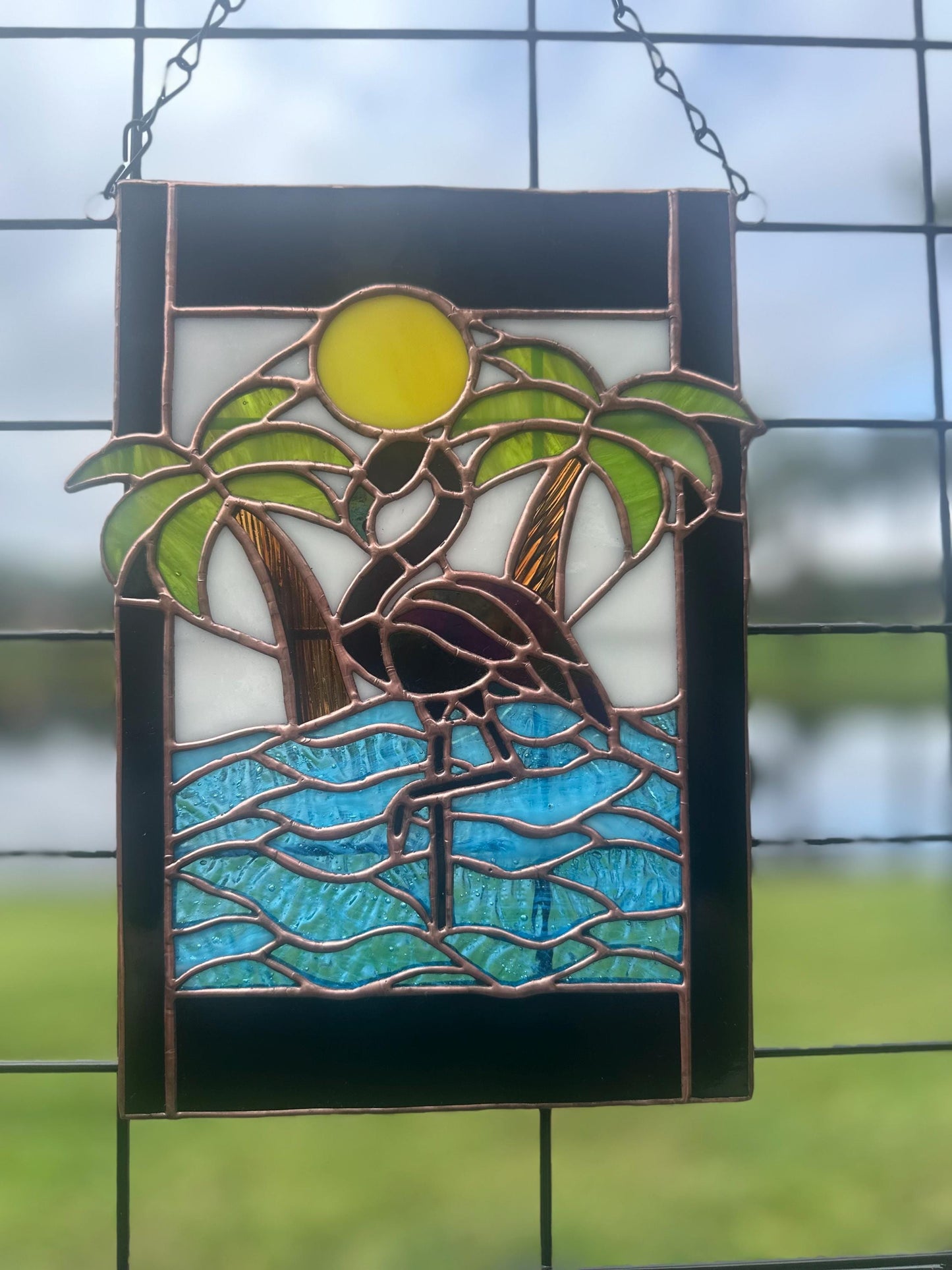 Tropical Black Flamingo Stained Glass Sun Catcher, Hand-Crafted Coastal Window Art