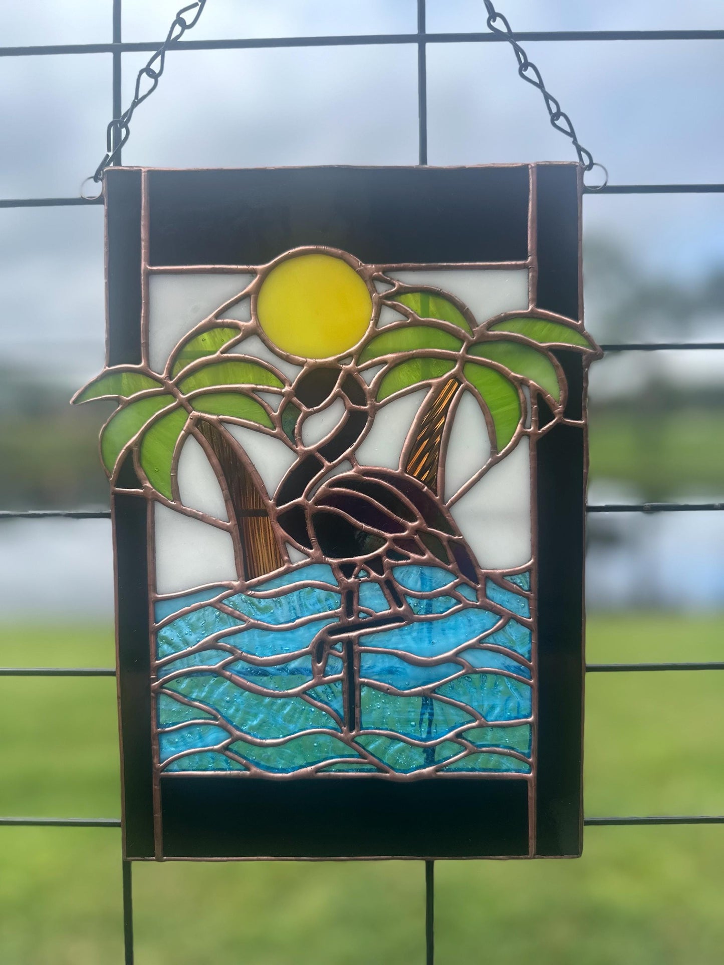 Tropical Black Flamingo Stained Glass Sun Catcher, Hand-Crafted Coastal Window Art
