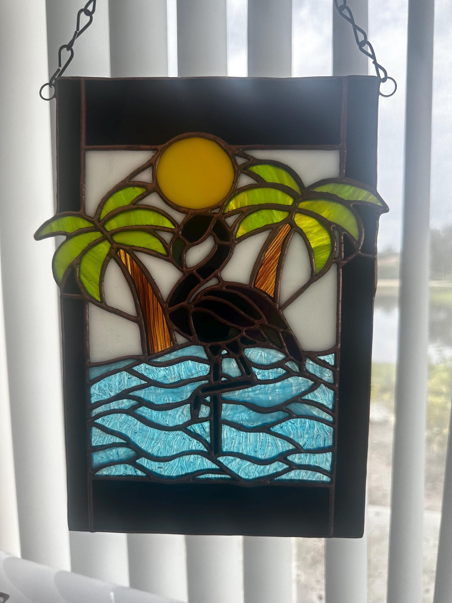 Tropical Black Flamingo Stained Glass Sun Catcher, Hand-Crafted Coastal Window Art