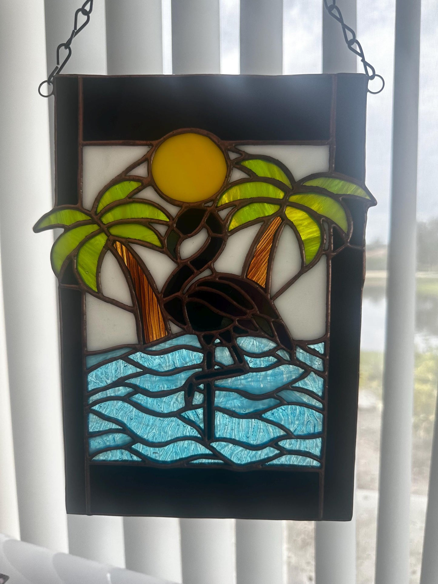 Tropical Black Flamingo Stained Glass Sun Catcher, Hand-Crafted Coastal Window Art