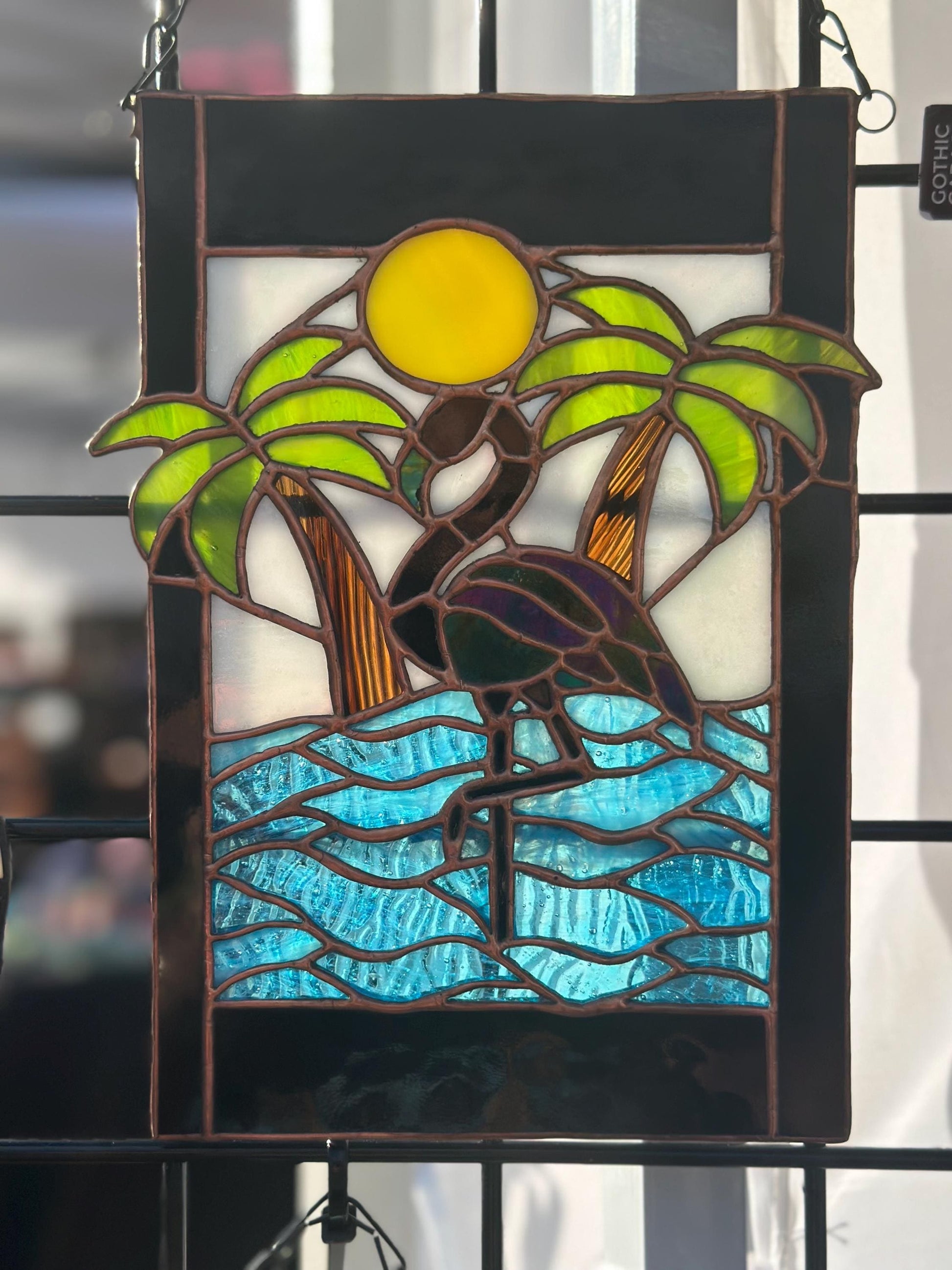 Tropical Black Flamingo Stained Glass Sun Catcher, Hand-Crafted Coastal Window Art