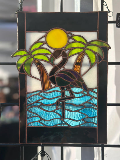 Tropical Black Flamingo Stained Glass Sun Catcher, Hand-Crafted Coastal Window Art