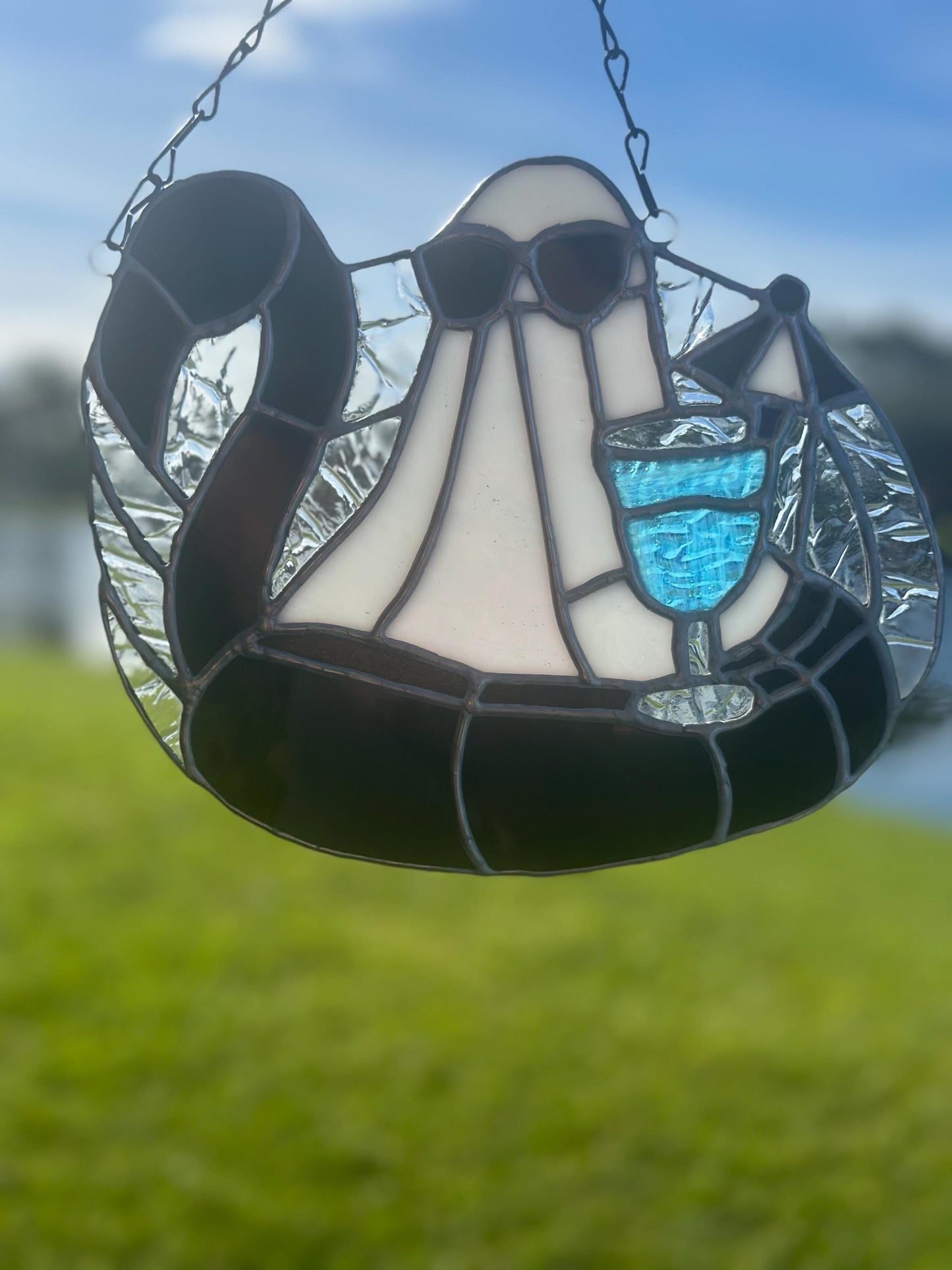 Beach Goth Ghost Stained Glass – Spooky Summer Ghost Suncatcher for Gothic Home Décor