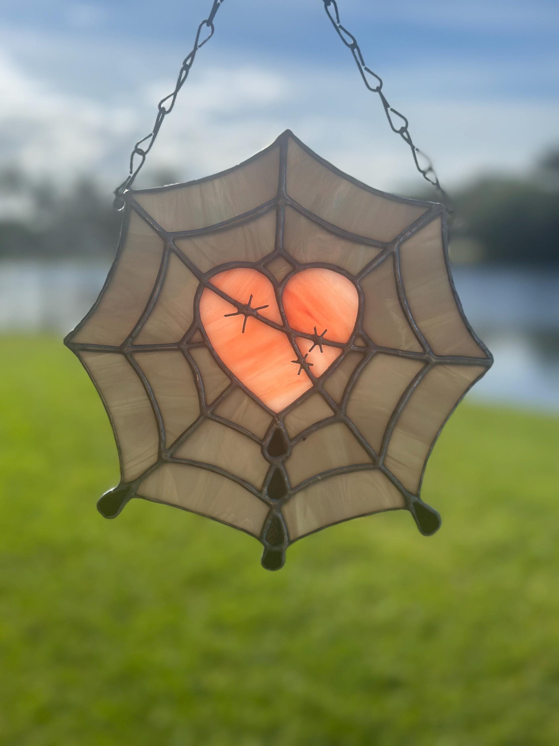 Gothic Stained Glass Spider Web Heart - Dark Decor Sun Catcher
