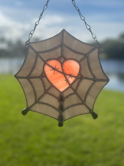 Gothic Stained Glass Spider Web Heart - Dark Decor Sun Catcher