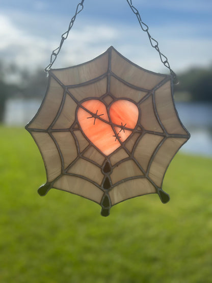 Gothic Stained Glass Spider Web Heart - Dark Decor Sun Catcher
