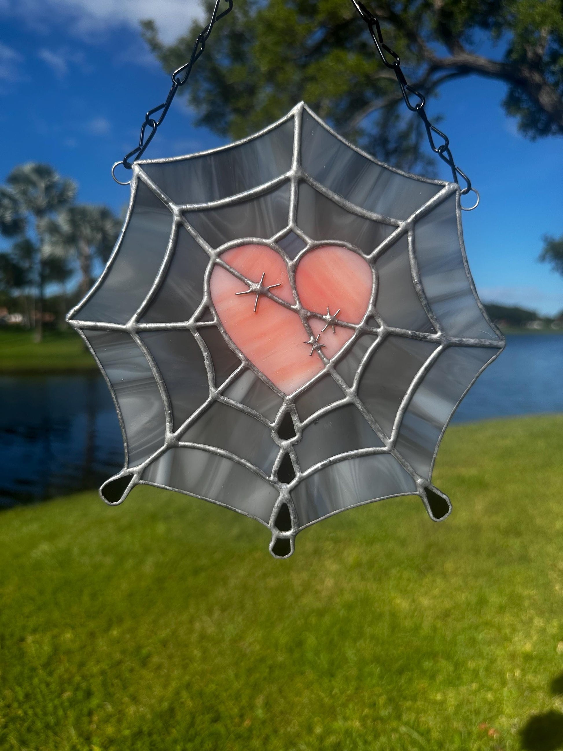 Gothic Stained Glass Spider Web Heart - Dark Decor Sun Catcher