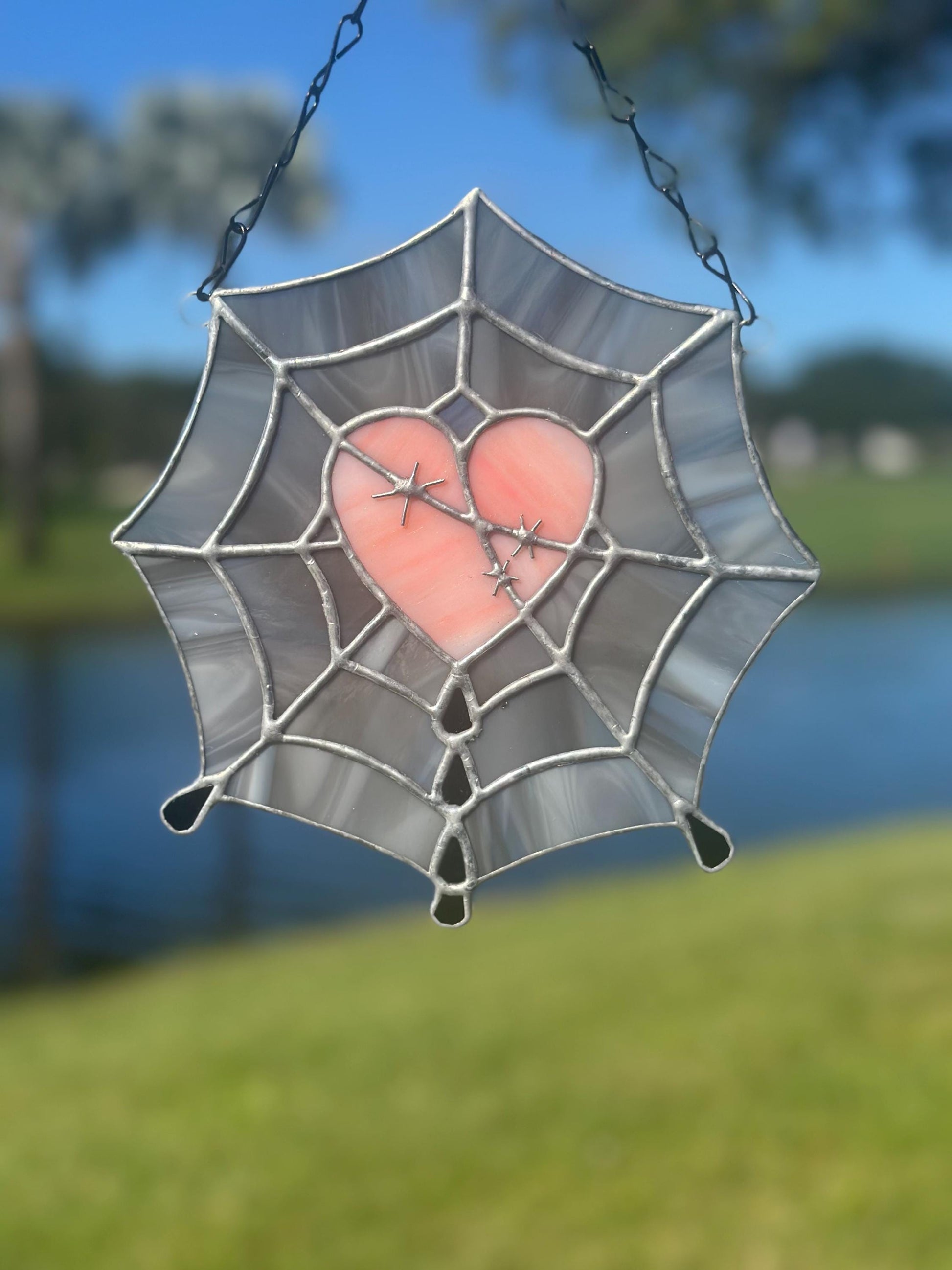 Gothic Stained Glass Spider Web Heart - Dark Decor Sun Catcher