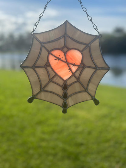 Gothic Stained Glass Spider Web Heart - Dark Decor Sun Catcher
