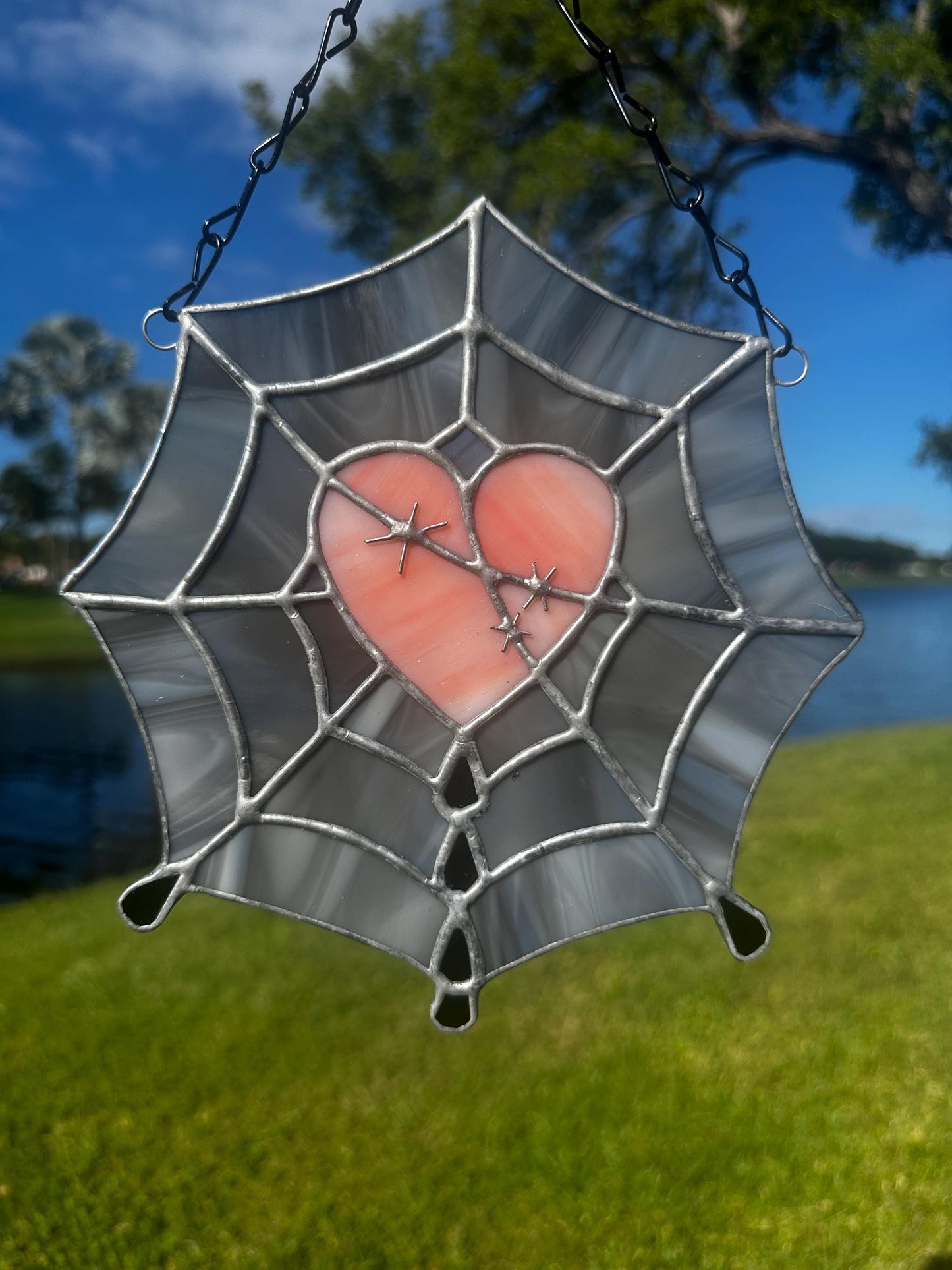 Gothic Stained Glass Spider Web Heart - Dark Decor Sun Catcher