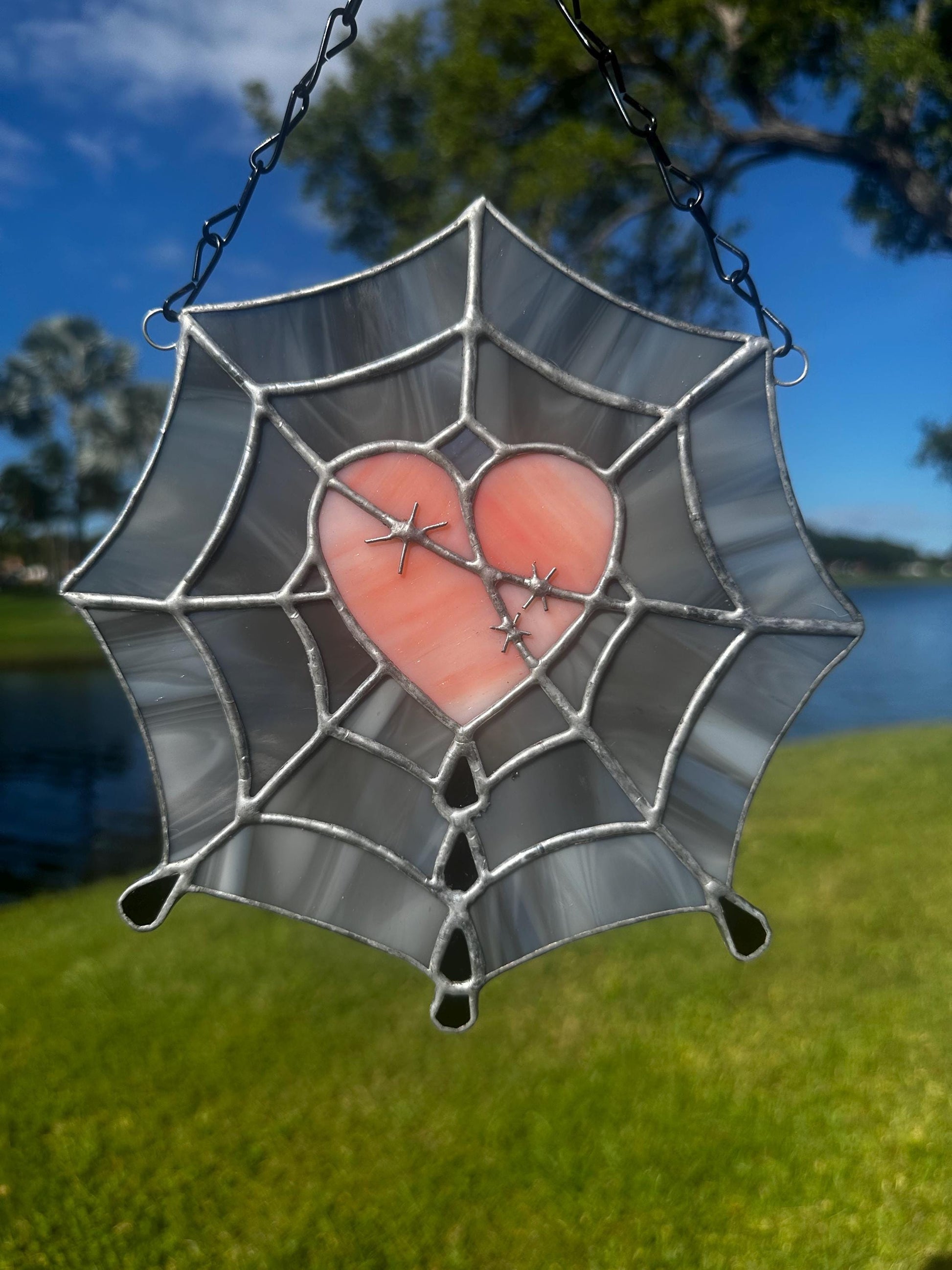 Gothic Stained Glass Spider Web Heart - Dark Decor Sun Catcher