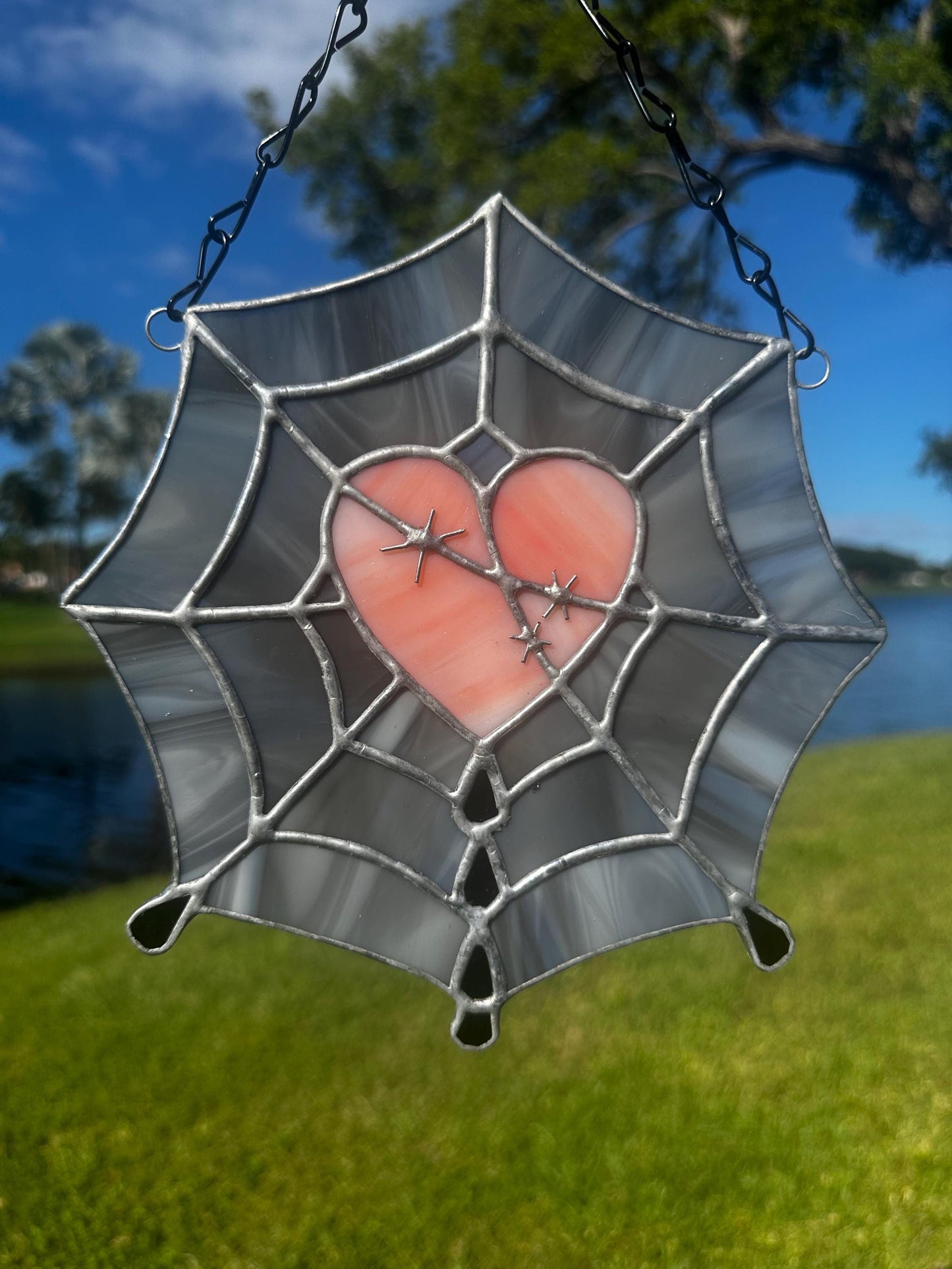 Gothic Stained Glass Spider Web Heart - Dark Decor Sun Catcher